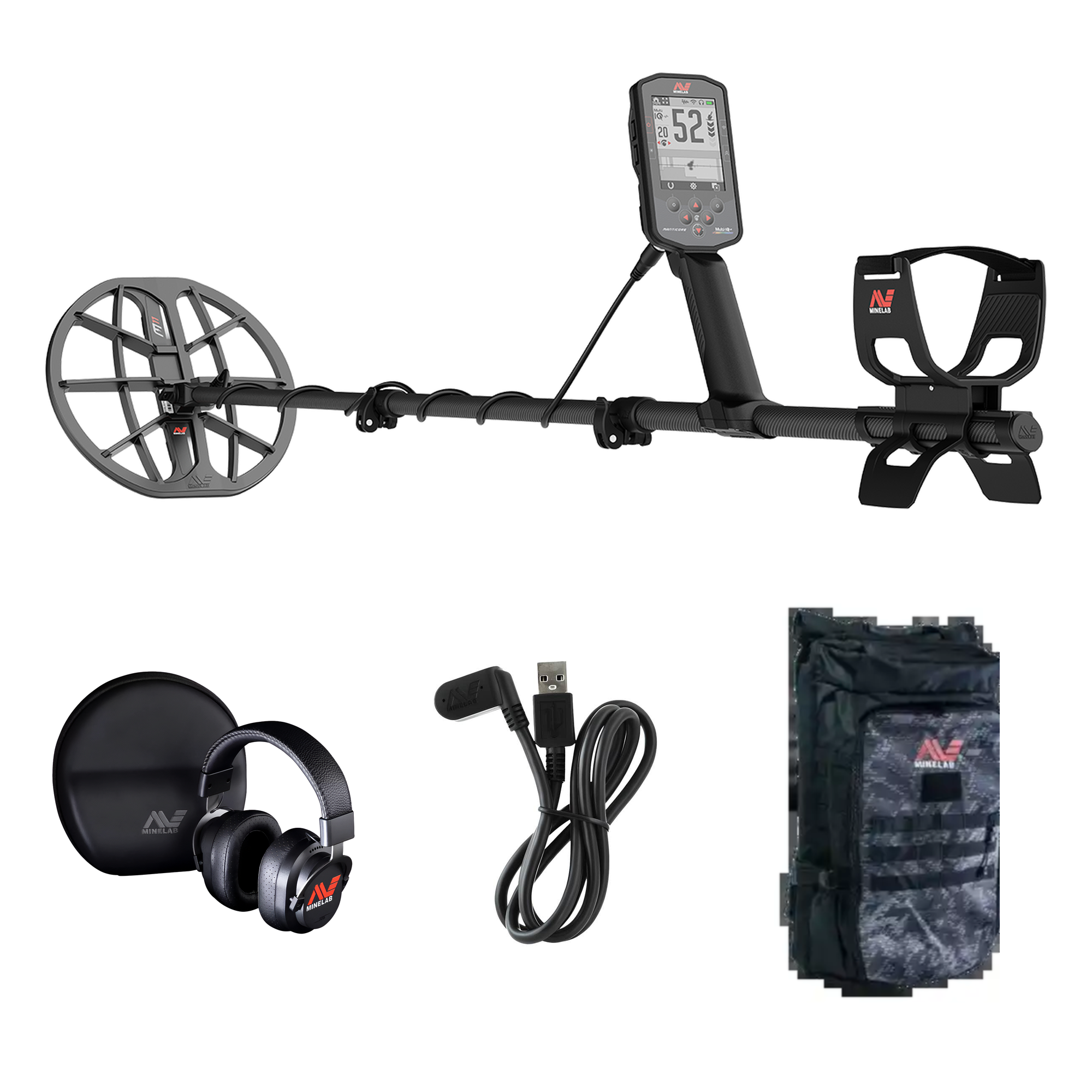 Minelab Manticore Essentials Bundle contents: Manticore with M11 coil, ML 105 wireless headphones, magnetic USB charging cable and Minelab backpack