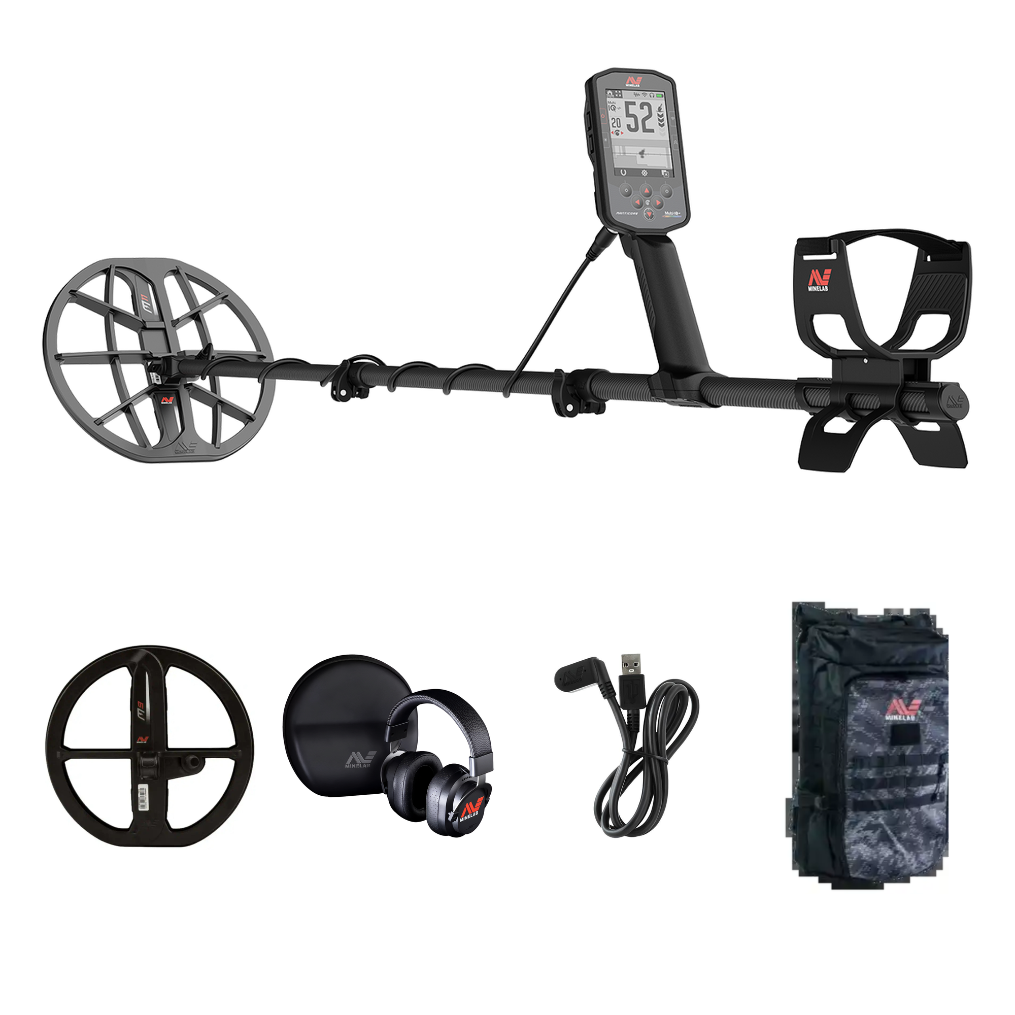 Minelab Manticore Recovery Bundle contents: Manticore with M11 coil, M9 second coil, ML 105 wireless headphones, magnetic USB charging cable and Minelab backpack