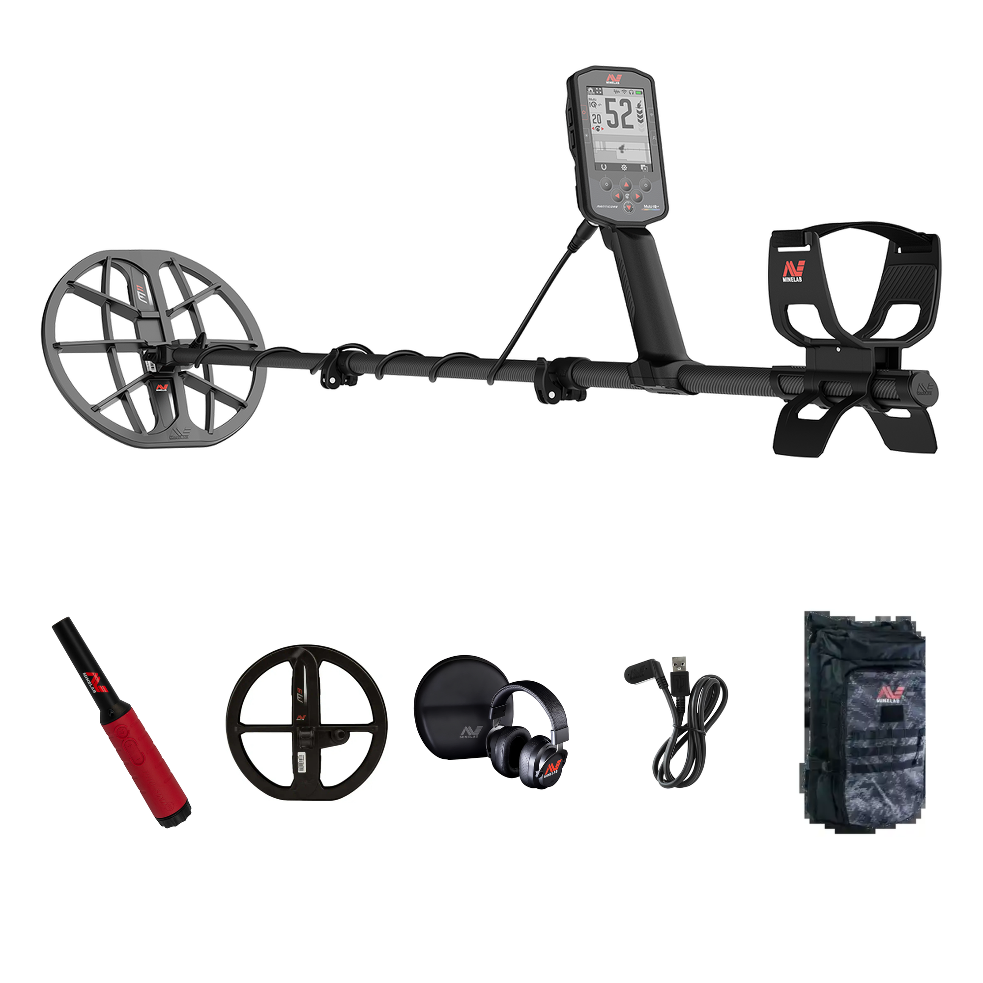 Minelab Manticore Ultimate Bundle contents: Manticore with M11 coil, Pro-Find 40 pinpointer, M9 second coil, ML 105 wireless headphones, magnetic USB charging cable and Minelab backpack