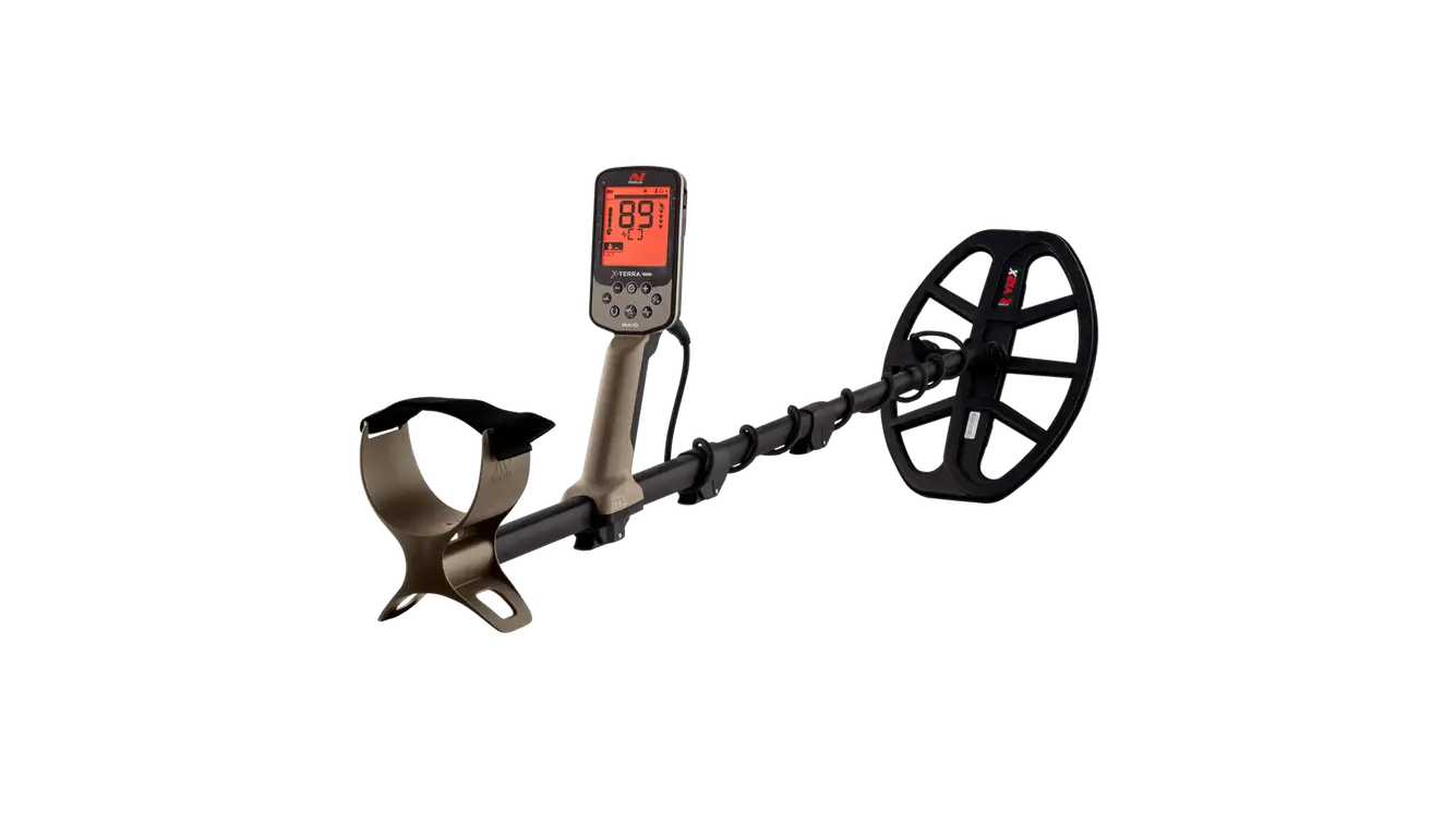 Minelab X-Terra Elite metal detector, angled product view, showing the tan control pod, armrest, shaft, and V12X search coil