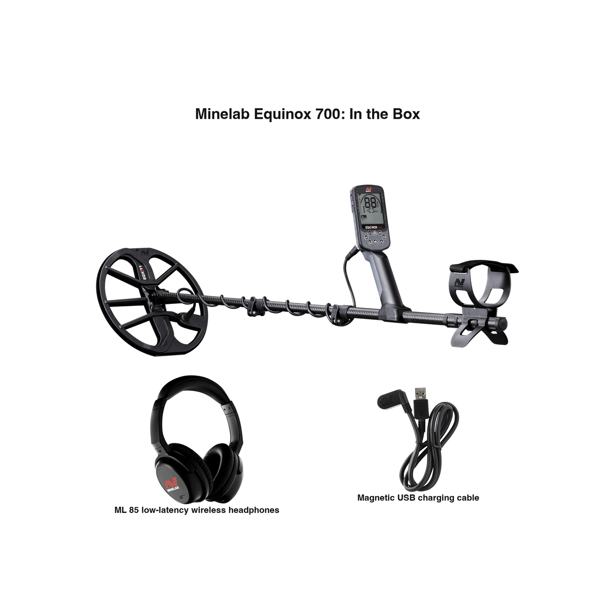 Labeled contents of the Minelab Equinox 700 box with part names: EQX 11 coil on the detector, ML 85 wireless headphones, magnetic USB charging cable