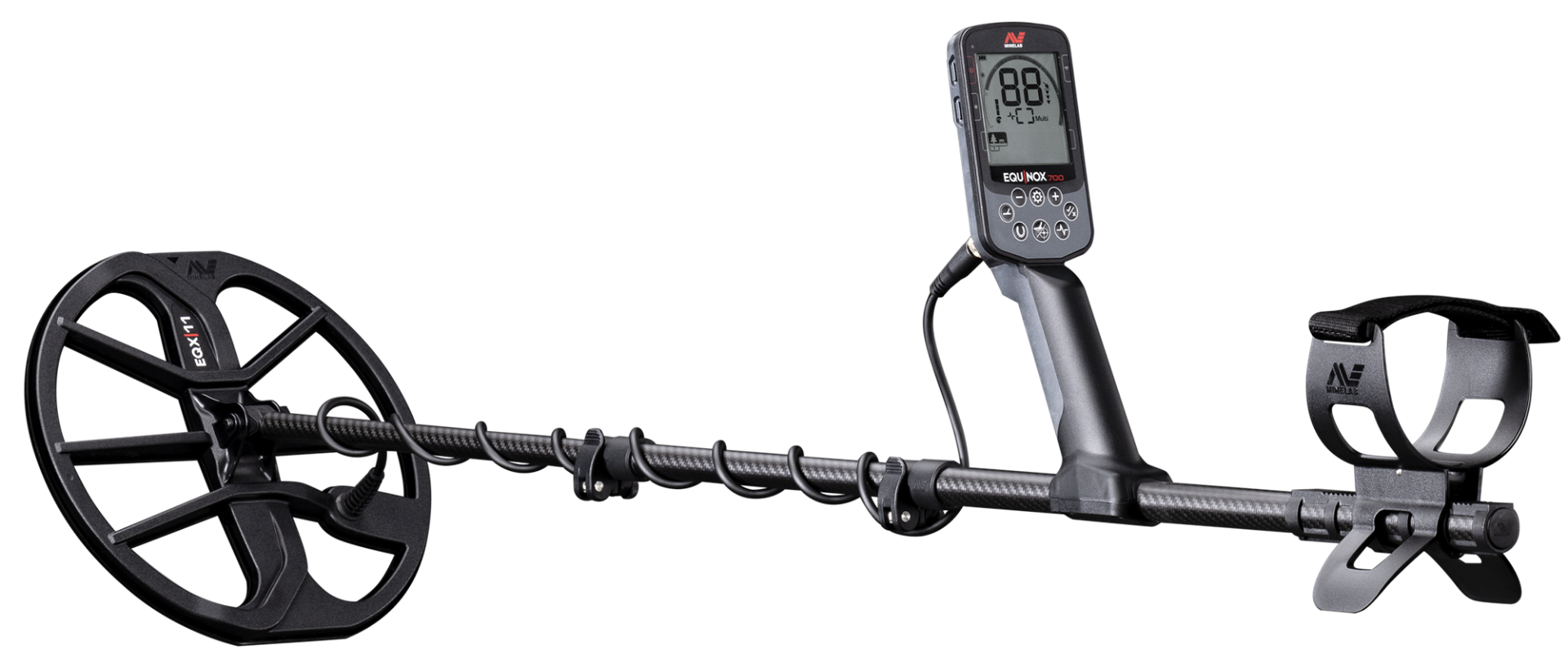 Minelab Equinox 700 metal detector with EQX 11 search coil, studio view