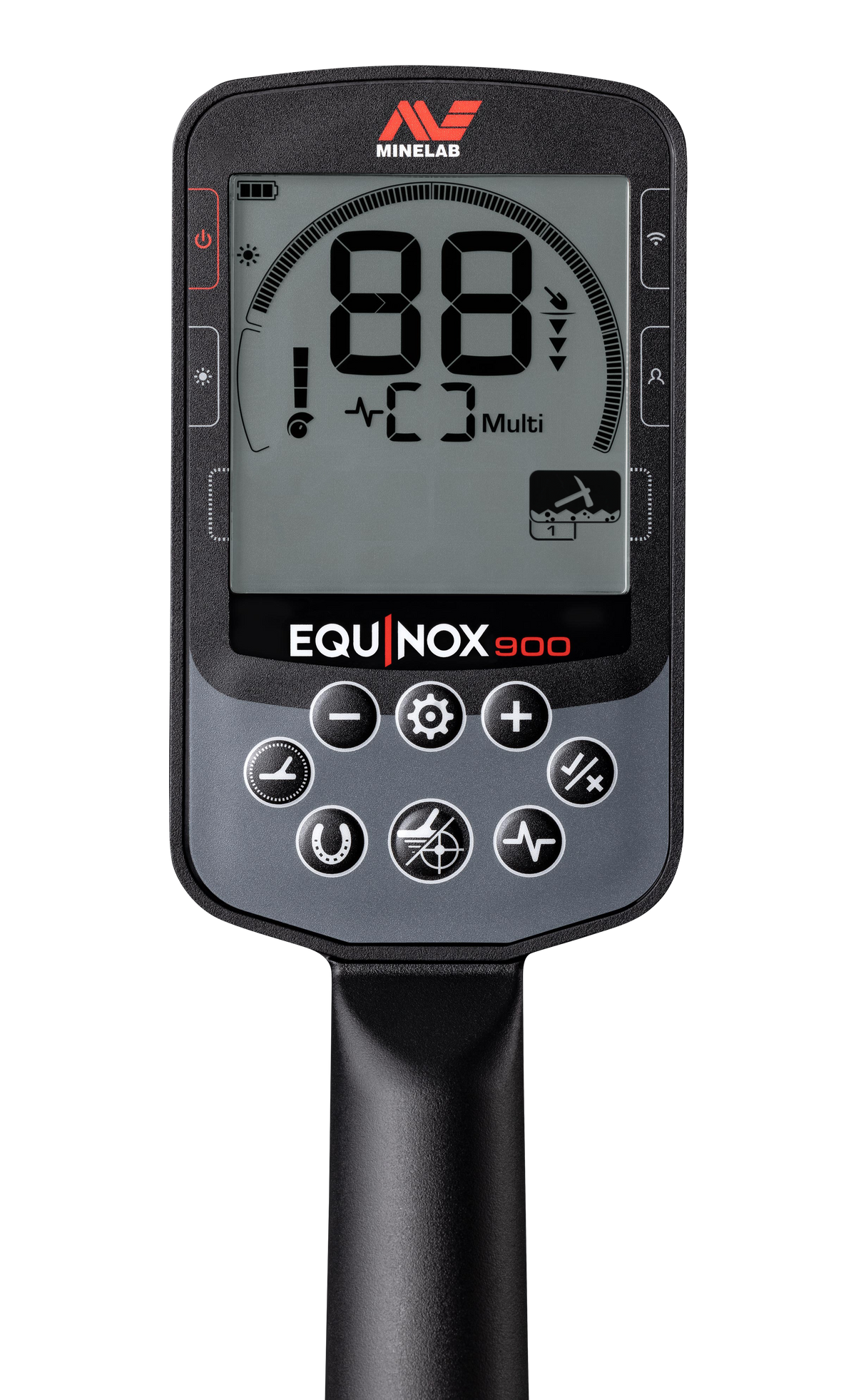 Minelab Equinox 900 control panel display, powered on