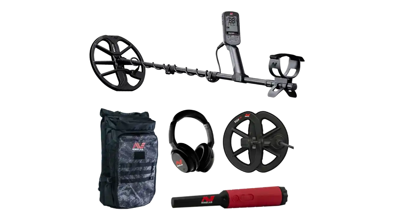 Minelab Equinox 900 Field Bundle contents: Equinox 900 detector with EQX11 coil, EQX06 coil, ML85 wireless headphones, PRO-FIND 40 pinpointer, and Minelab backpack