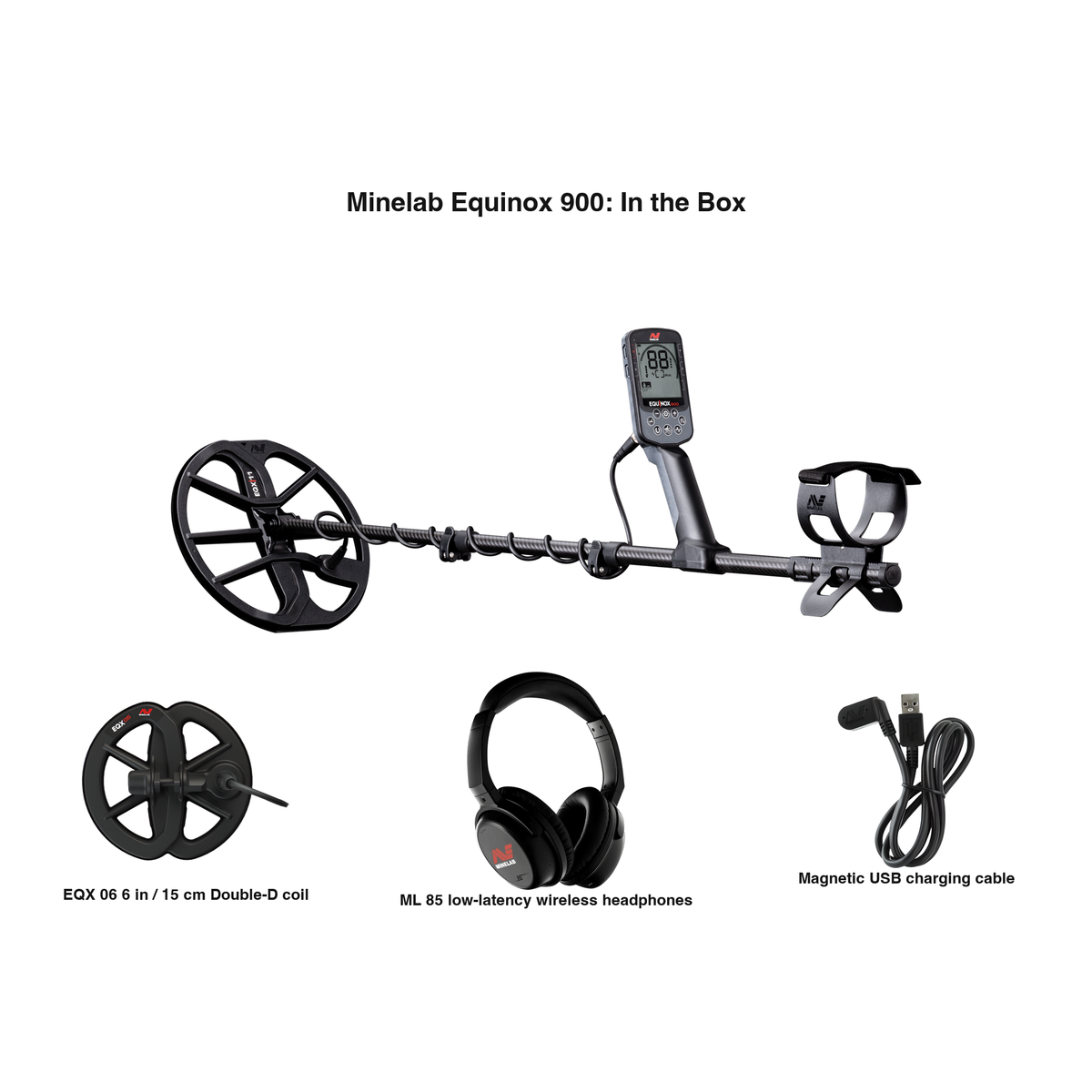 Labeled contents of the Minelab Equinox 900 box with part names: EQX 11 coil on the detector, EQX 06 6 in coil, ML 85 wireless headphones, magnetic USB charging cable
