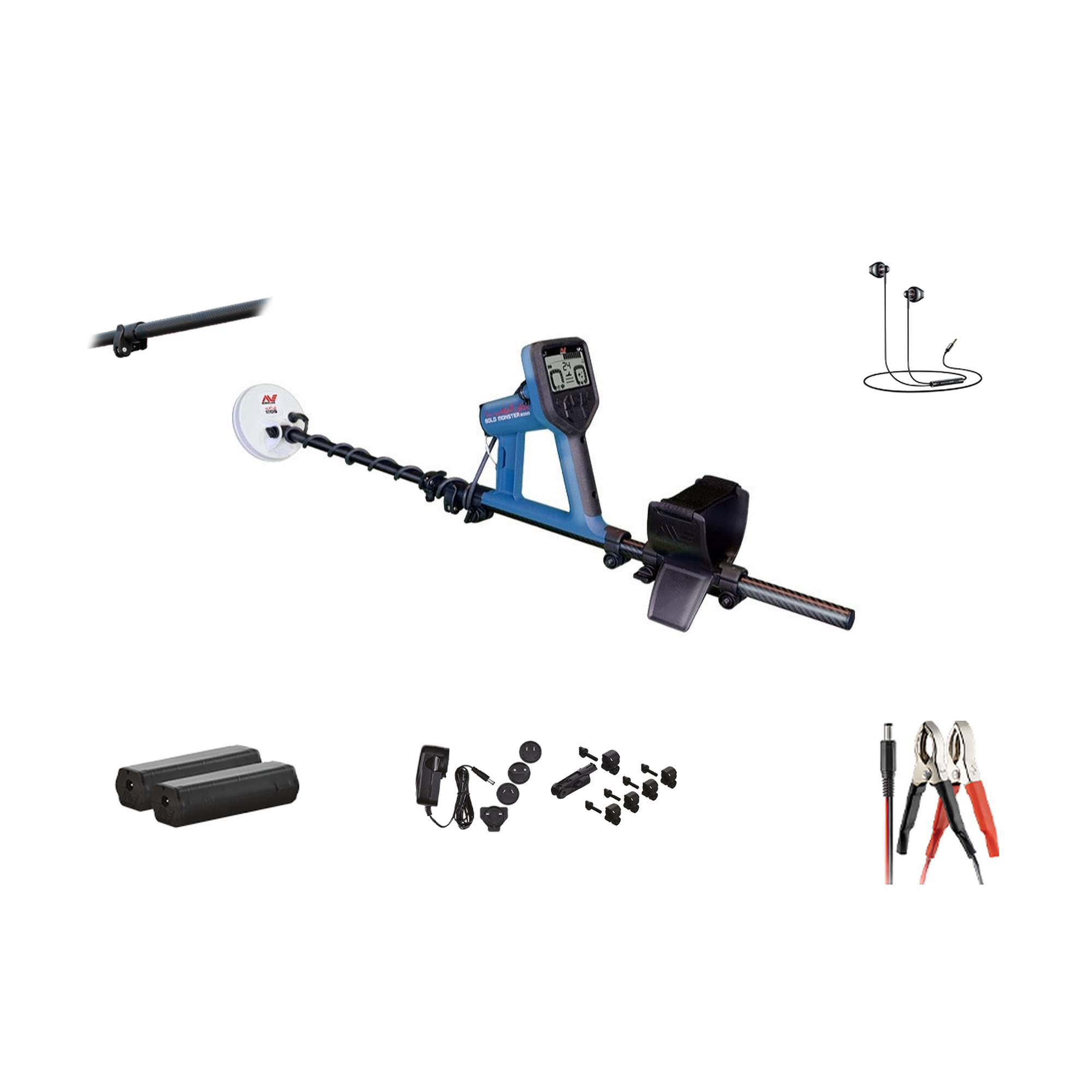 Minelab Gold Monster 2000 contents: detector with GM 05 5 in search coil, universal shaft adapter, wired earbuds, two 2700 mAh Li-ion batteries, AC charger with plug set and mounting hardware, and car battery lead