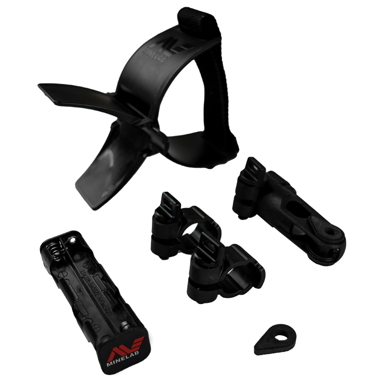 Genuine Minelab Gold Monster shaft mounting kit 3011-0363: armrest with strap, shaft clamps, AA battery holder and wear parts