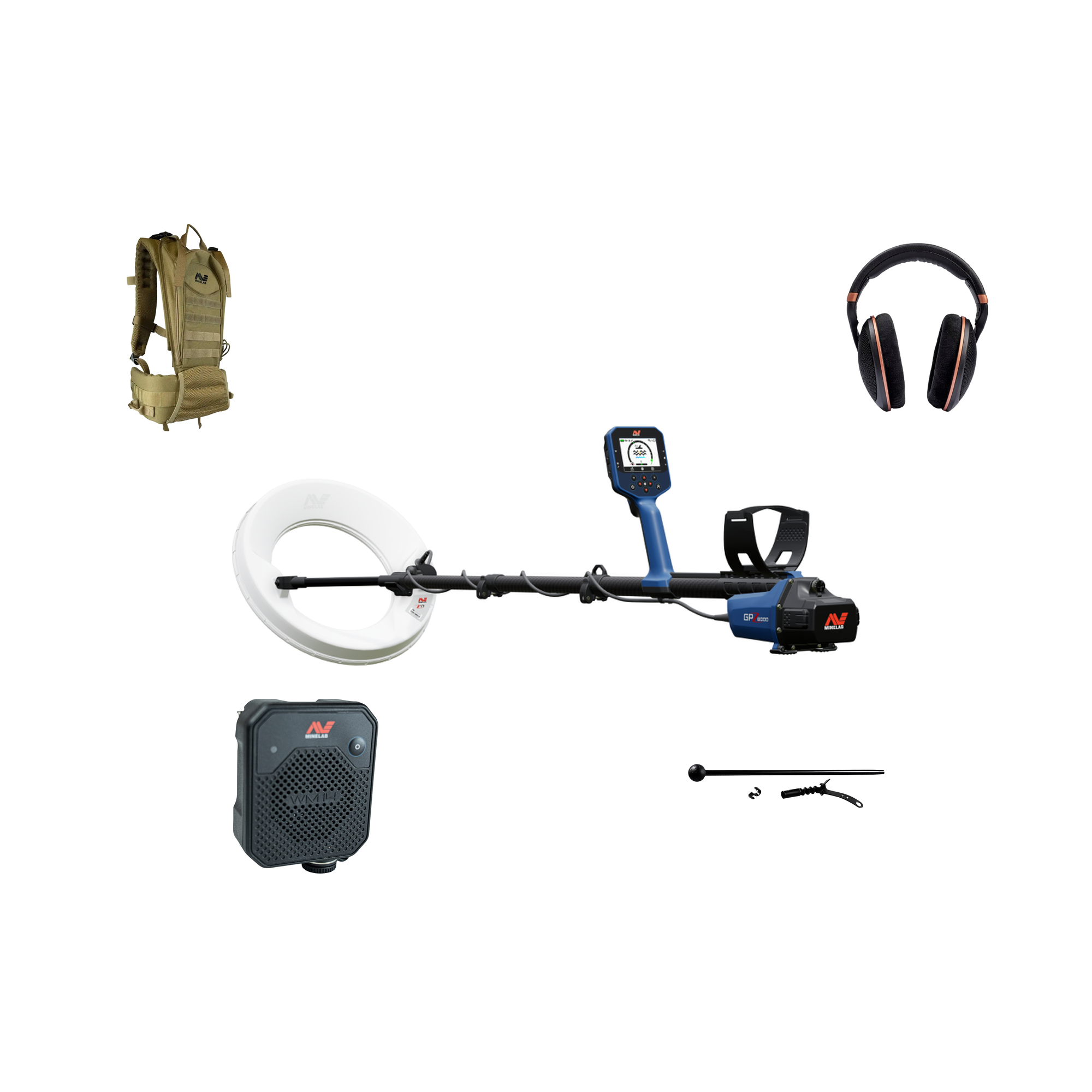 Minelab GPZ 8000 Single Coil Pack contents: detector with Z18 search coil, PRO-SWING 125 harness, Sennheiser HD 505 headphones, WM 14 wireless audio module, and GA 10 guide arm