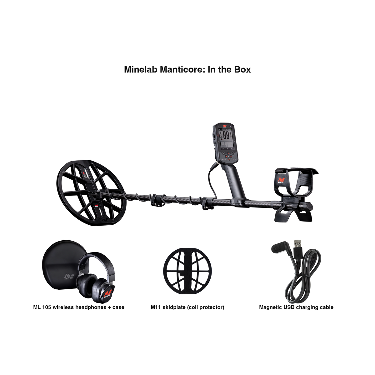 Labeled contents of the Minelab Manticore box with part names: M11 coil, ML 105 wireless headphones and case, M11 skidplate, magnetic USB charging cable