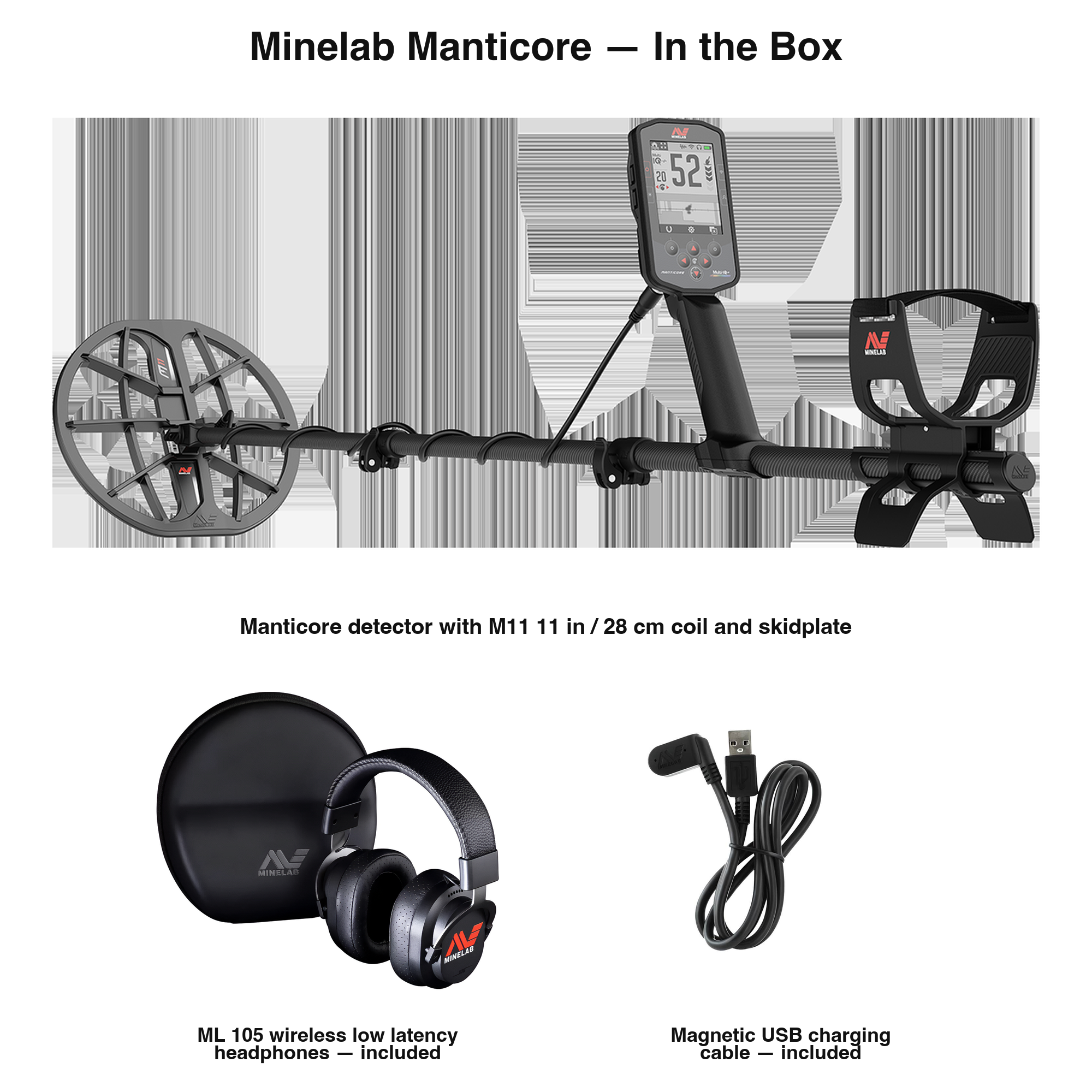 Everything in the Minelab Manticore box: detector with M11 11 in / 28 cm coil and skidplate, ML 105 wireless low latency headphones, magnetic USB charging cable