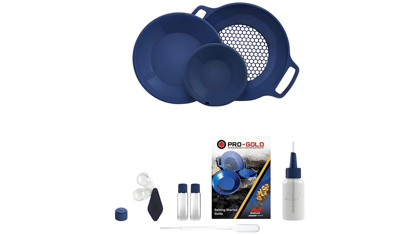 Minelab Pro-Gold Pans and Accessories Kit (part 3011-0325), a complete gold panning kit with two pans, a classifier, and prospecting tools.