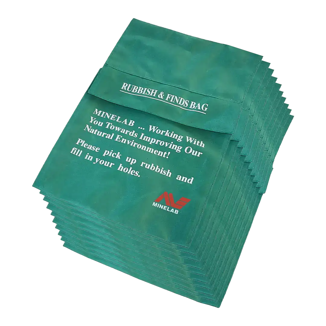 Genuine Minelab rubbish and finds bag 10 pack 3011-0151, green bags printed with pick up rubbish and fill in your holes