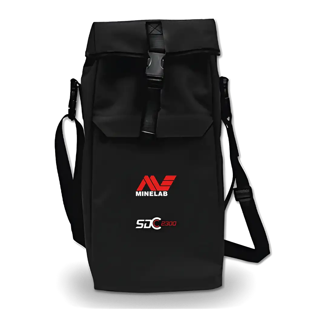 Genuine Minelab SDC 2300 carry bag 3011-0257, black bag with shoulder strap, buckle closure and SDC 2300 logo