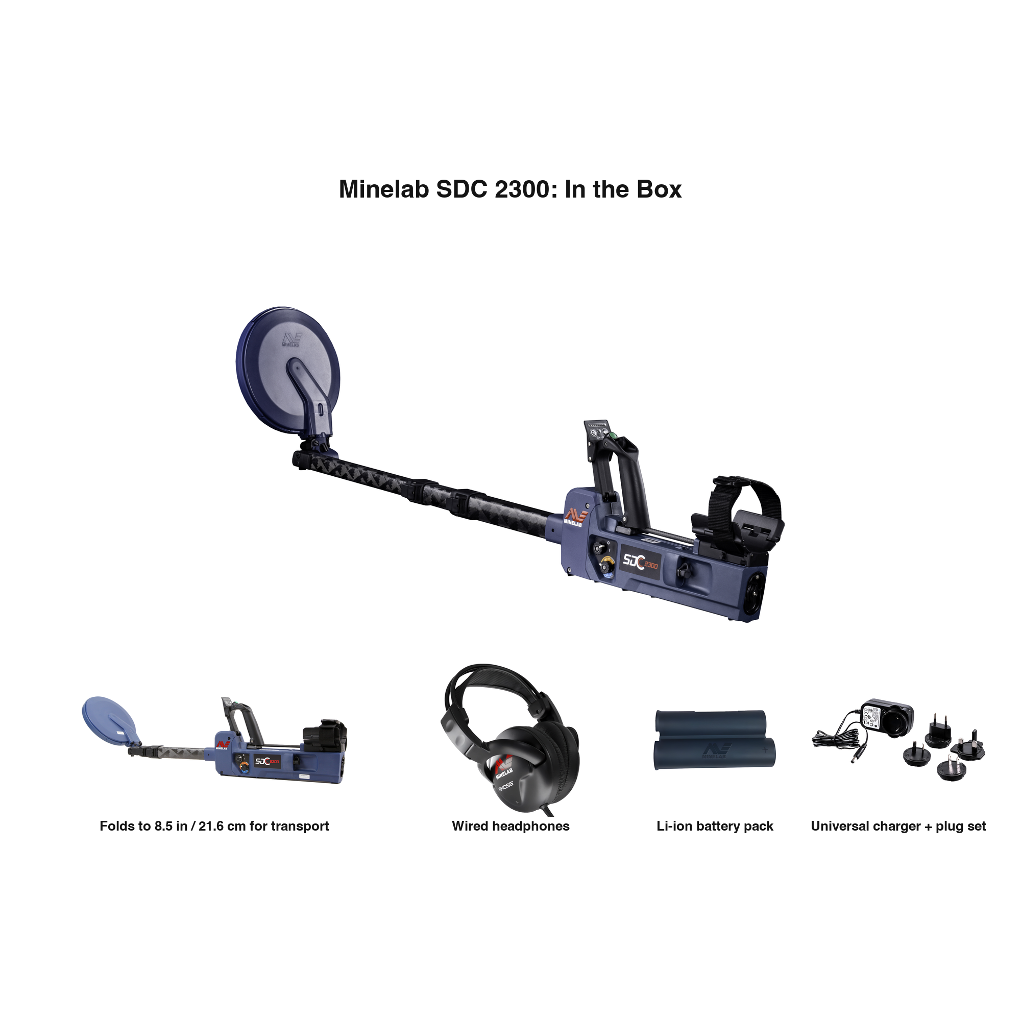 Labeled contents of the Minelab SDC 2300 box with part names: detector folded to 8.5 in, wired headphones, Li-ion battery pack, universal charger
