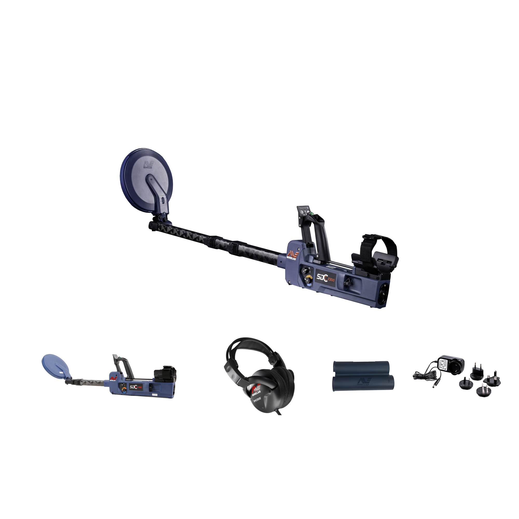 Minelab SDC 2300 gold detector contents: detector extended and folded for transport, wired headphones, Li-ion battery pack, and universal charger with plug set