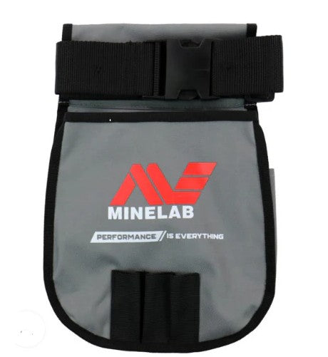 Genuine Minelab shell finds pouch 3011-0488, gray shell pouch with black waist belt and Minelab branding