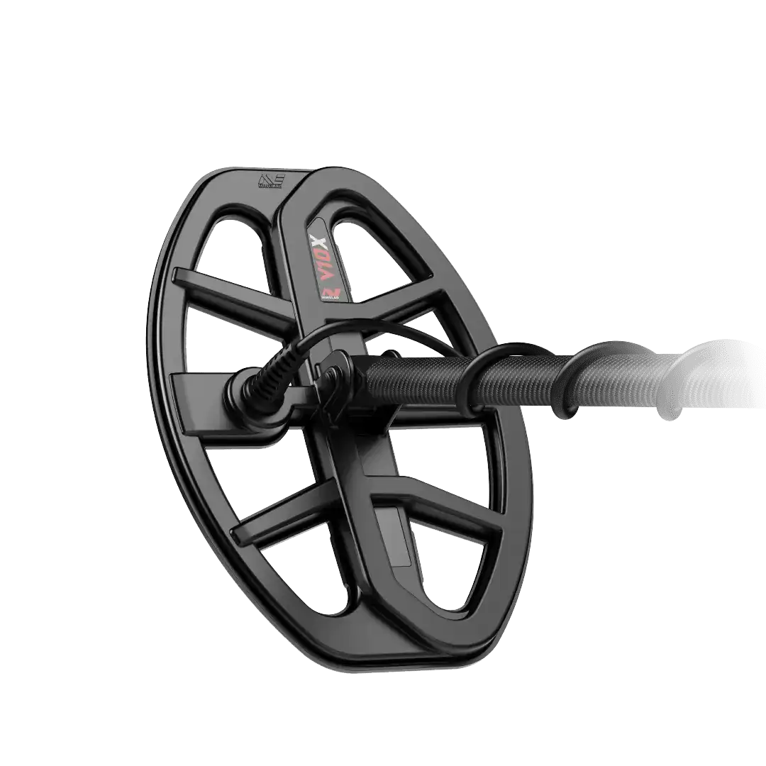 Genuine Minelab V10X 10 x 7 in (25 x 18 cm) elliptical Double-D waterproof search coil 3011-0458 on lower shaft, model decal visible