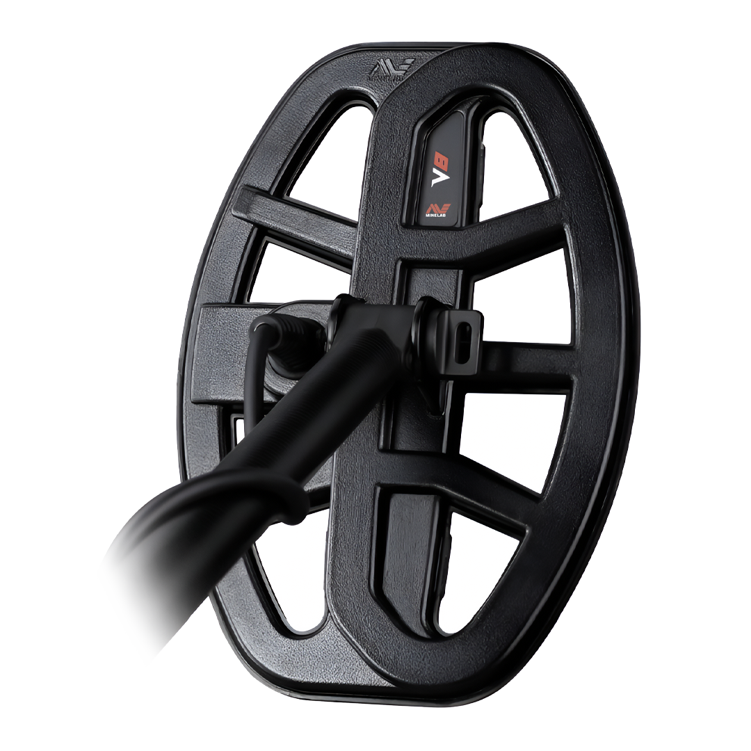 Genuine Minelab V8 8 x 5 in (20 x 13 cm) Double-D waterproof coil 3011-0410 for Vanquish 340, 440 and 540, mounted on its lower shaft, V8 decal visible