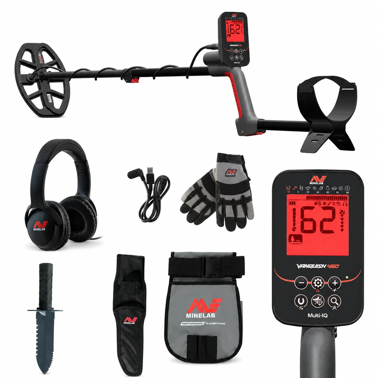 Minelab Vanquish 460 Adventure Pack bundle contents: VANQUISH 460 Multi-IQ detector with V10 coil, Minelab wired headphones, USB charging cable, Minelab gloves, digger with sheath, and finds pouch