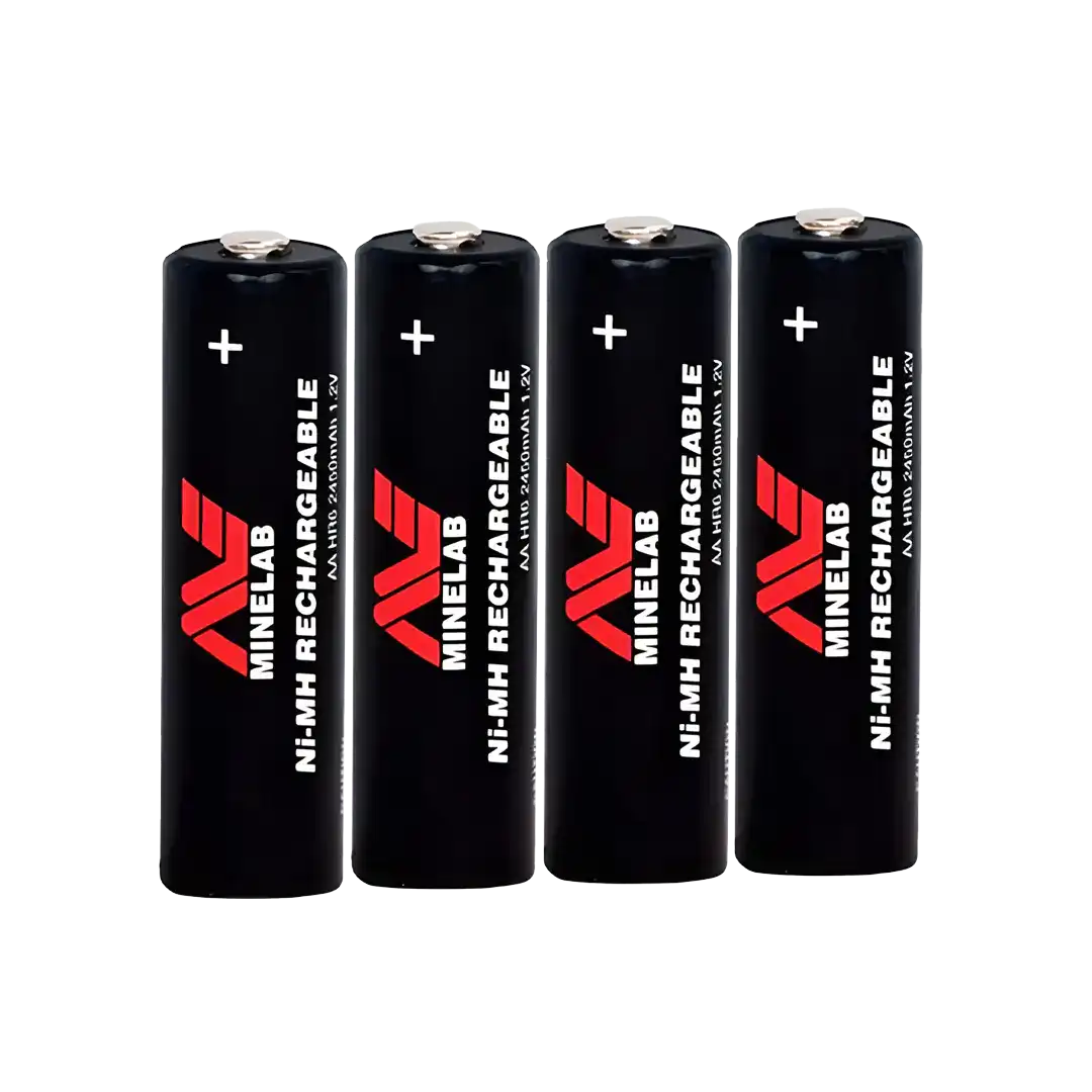 Genuine Minelab AA rechargeable battery pack 3011-0406, four black NiMH 2450 mAh 1.2 V cells with Minelab branding