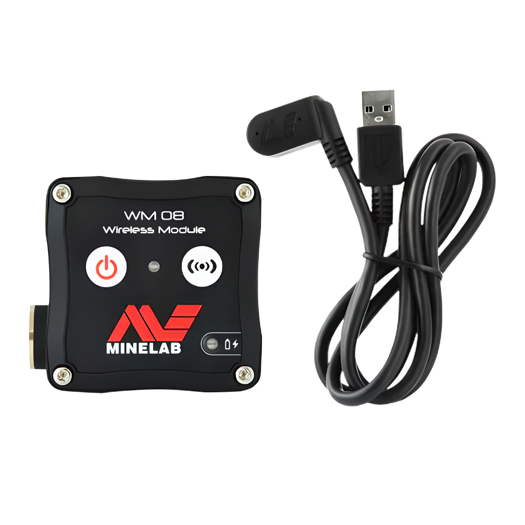 Minelab WM08 wireless audio module for Equinox 600 and 800 with magnetic USB charging cable