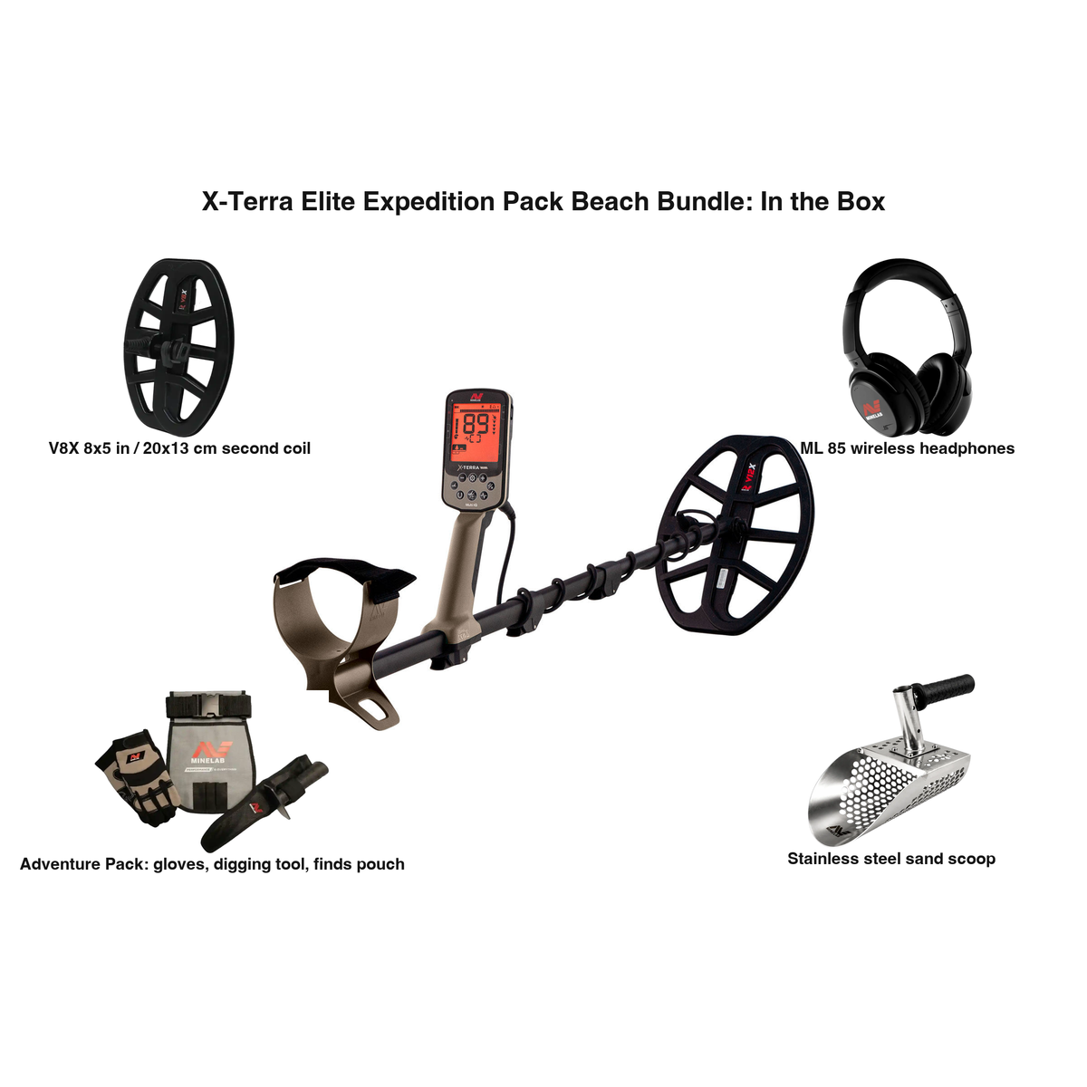 Labeled contents of the Minelab X-Terra Elite Expedition Pack Beach Bundle 3707-1019 with part names: X-Terra Elite with V12X 12x9 in coil, V8X 8x5 in coil, ML 85 wireless headphones, Adventure Pack, stainless steel sand scoop