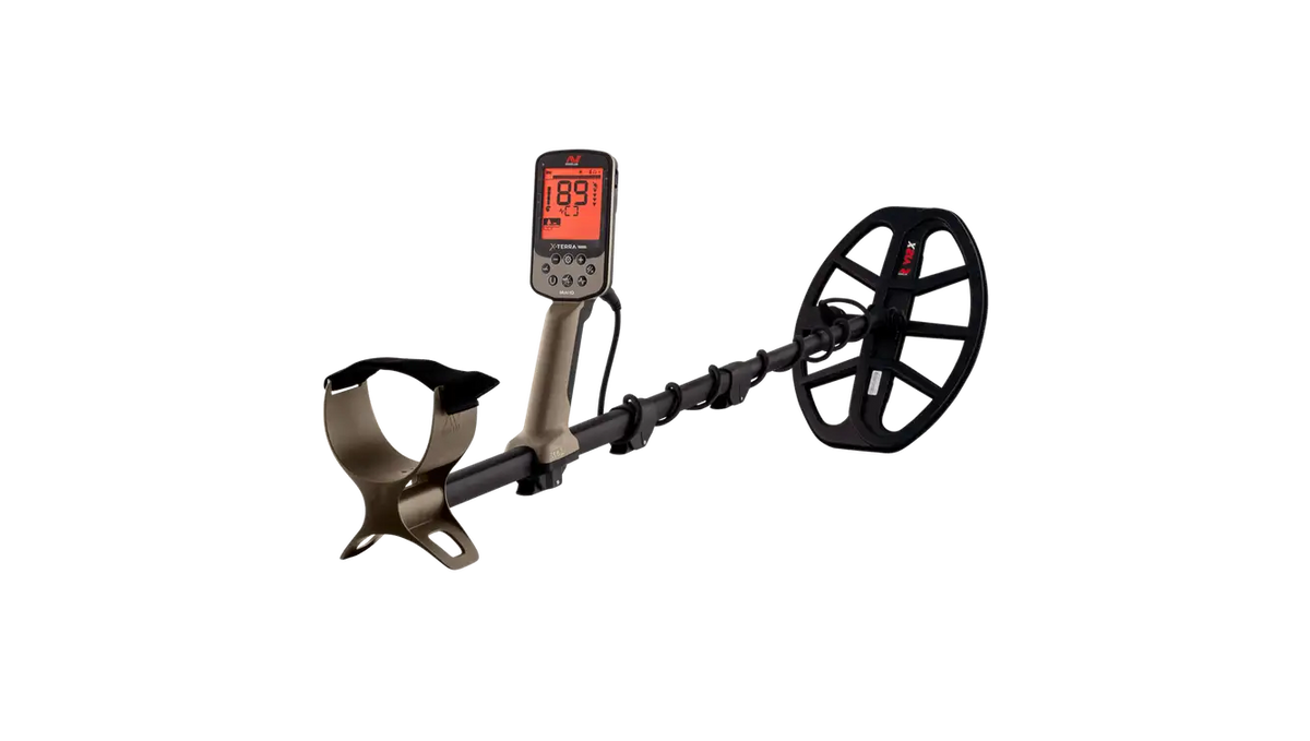 Minelab X-Terra Elite metal detector with V12X search coil, studio view