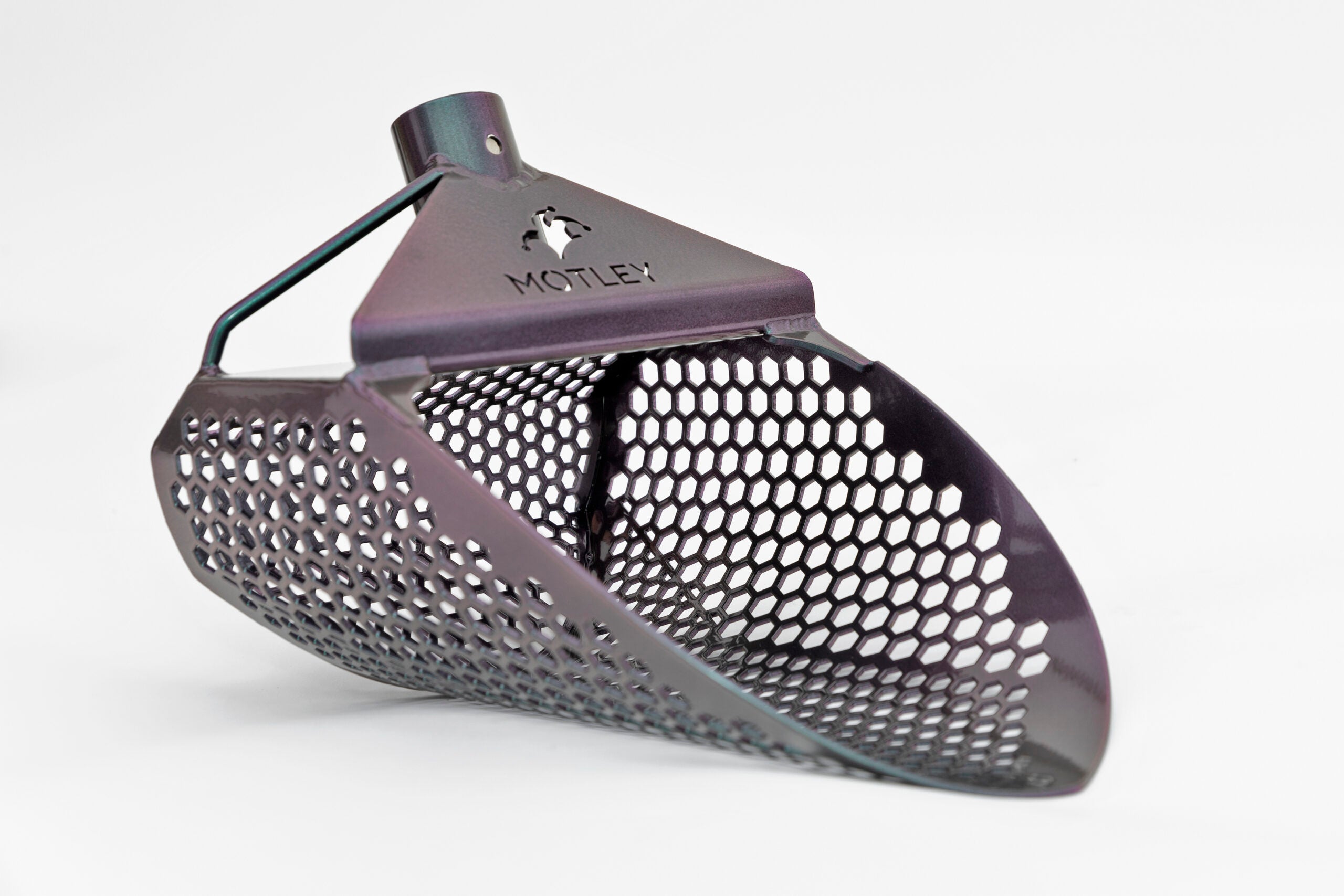 Motley Beach Scoop basket in chameleon color-shift finish, angled studio view