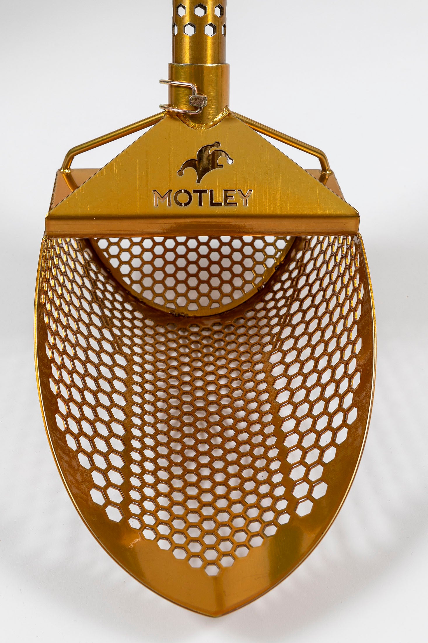 Motley Beach Scoop in gold powder coat with hexagon drain holes