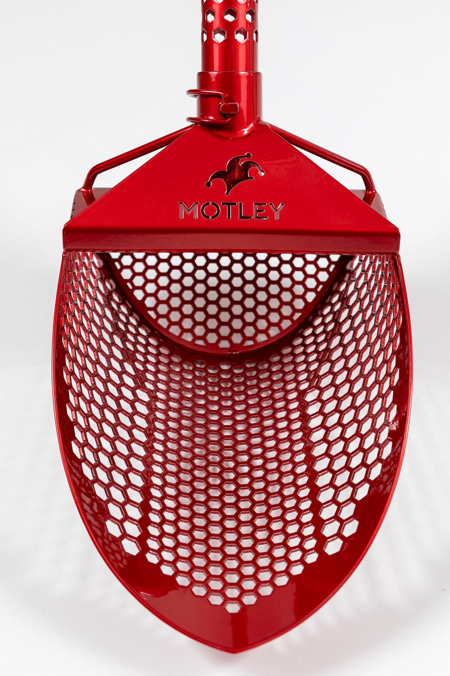 Motley Beach Scoop in red powder coat with hexagon drain holes
