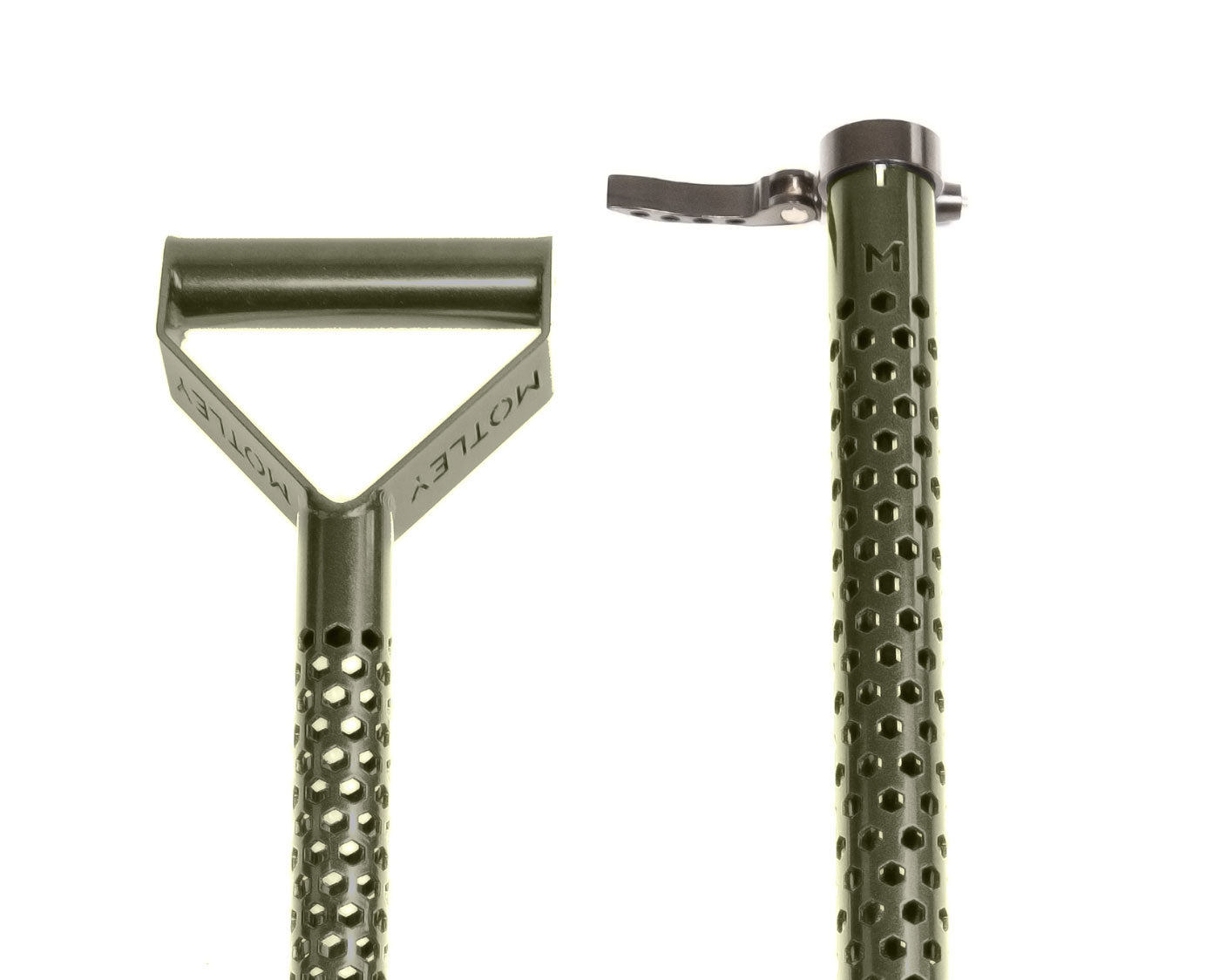 Detail of the Motley branded D-handle and quick-release clamp on the Field shovel hexagon shaft