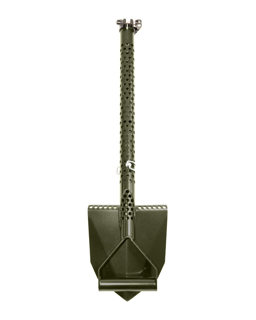Motley Field shovel broken down in travel mode with the D-handle nested against the V-point blade