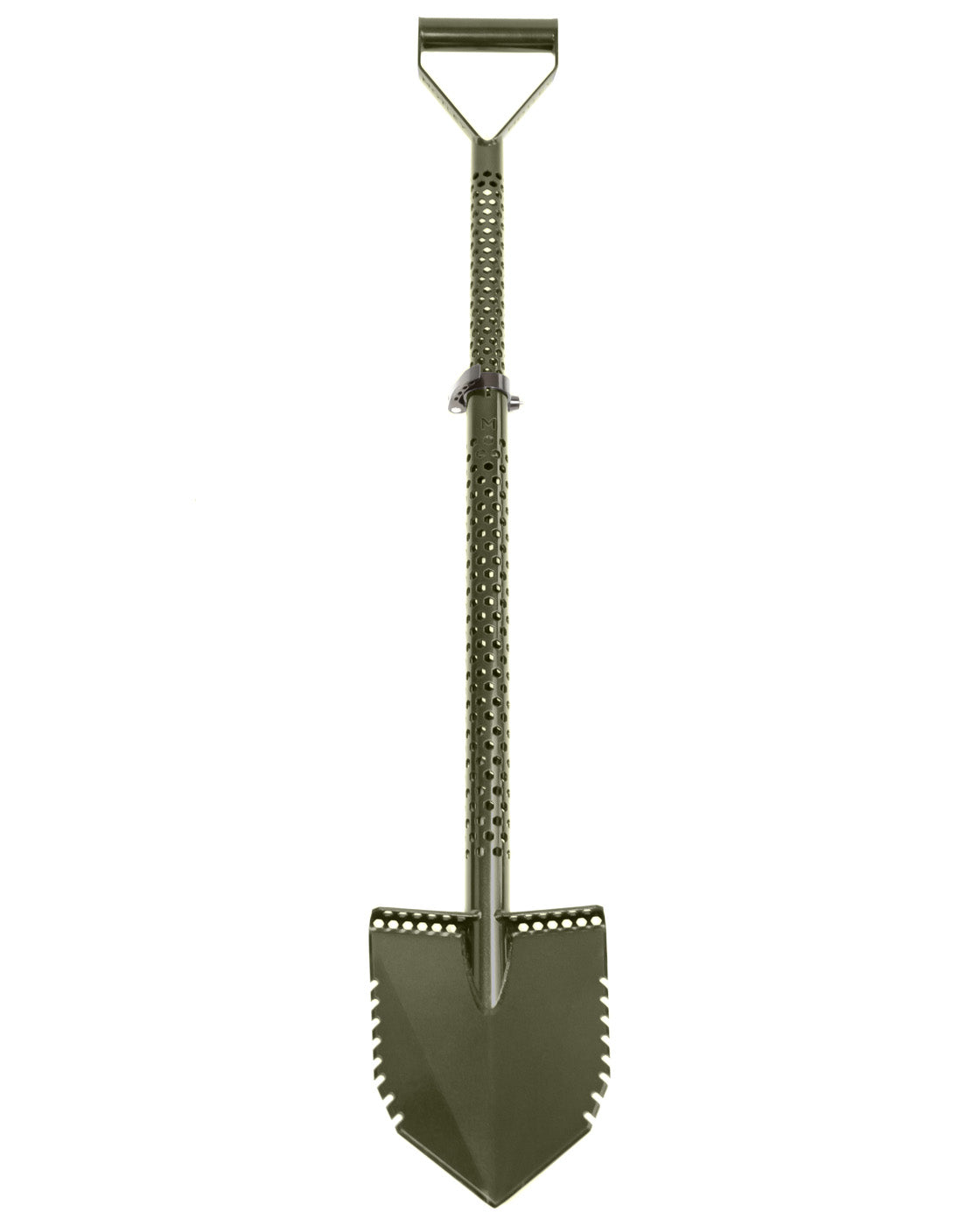 Motley Forest double-serrated shovel in green at full length with D-handle and hexagon laser cut shaft