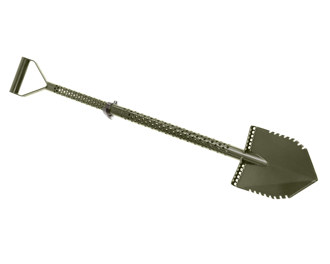 Angled view of the Motley Forest shovel showing serrations on both blade edges and the quick-release clamp