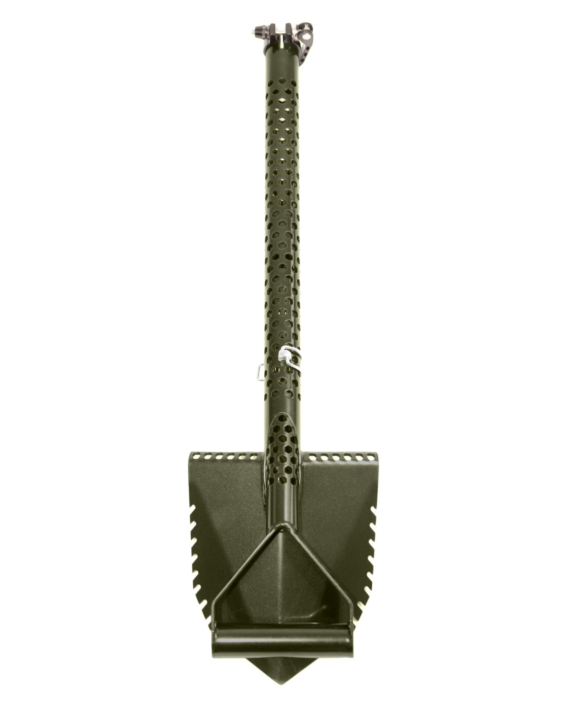 Motley Forest shovel broken down in travel mode with the D-handle nested against the serrated blade