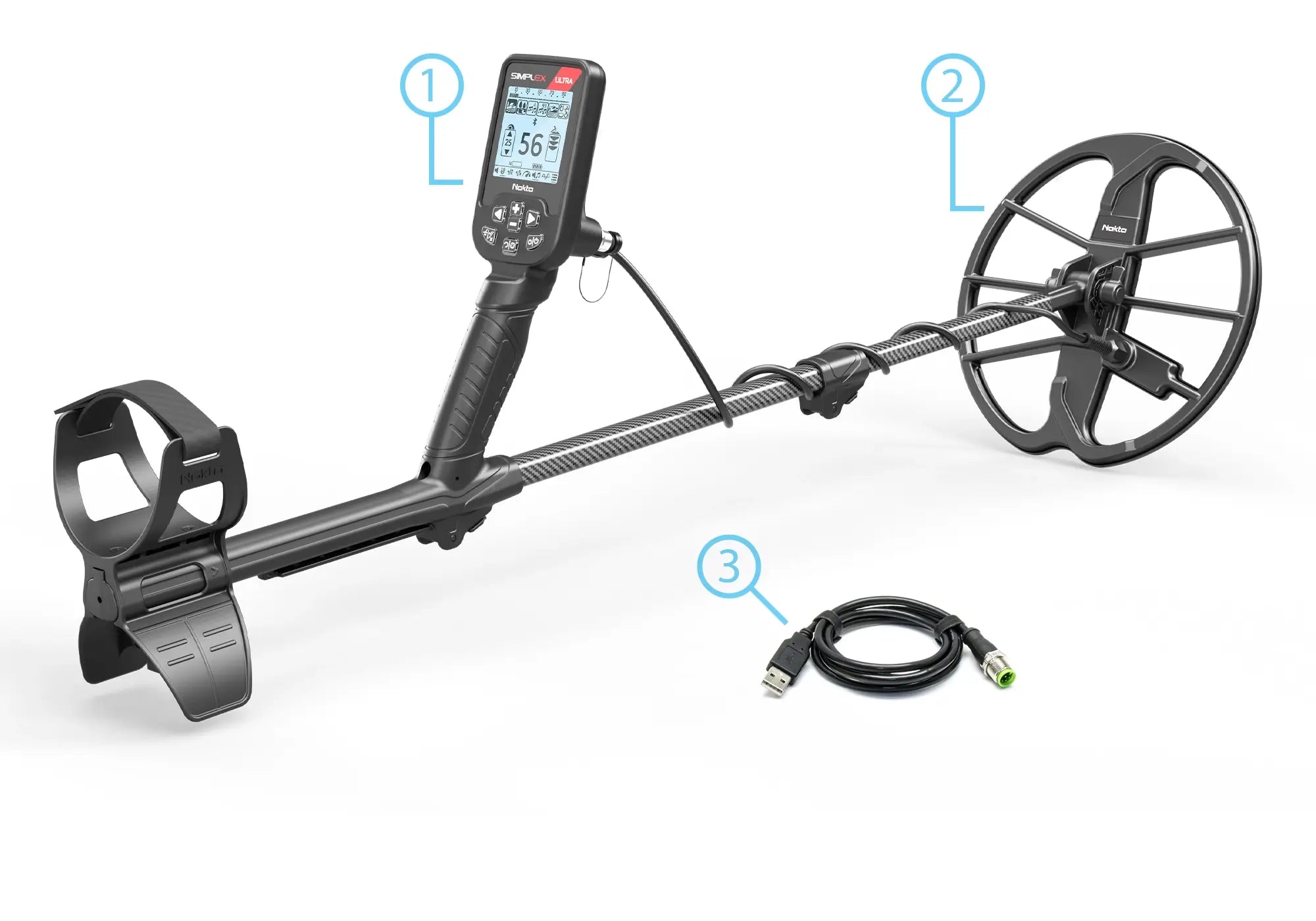 Nokta Simplex Ultra package contents: detector, SX28 11 inch DD coil, and USB charging cable