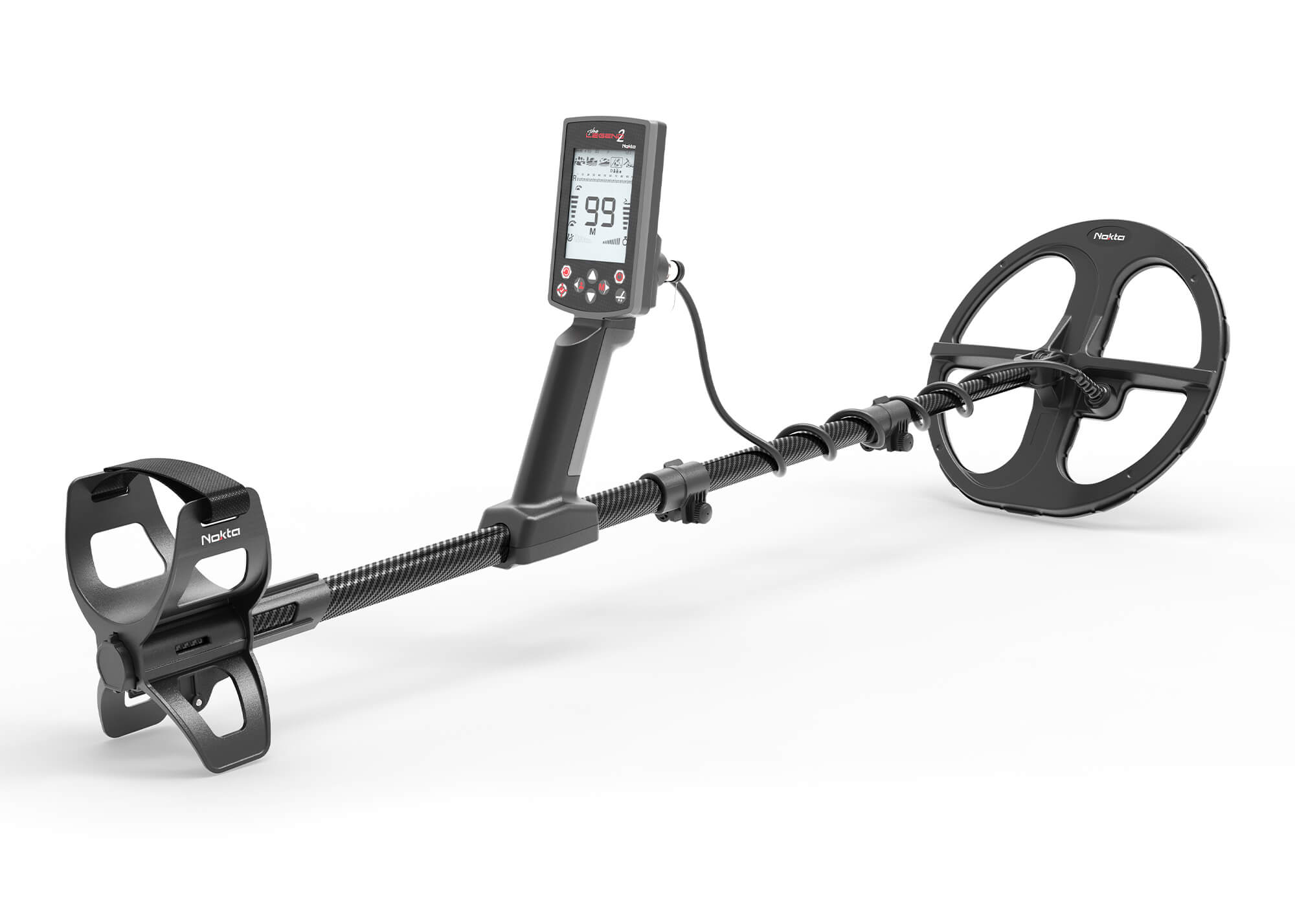 Nokta Legend 2 metal detector fully assembled with 11 inch LD28 search coil and carbon fiber shaft