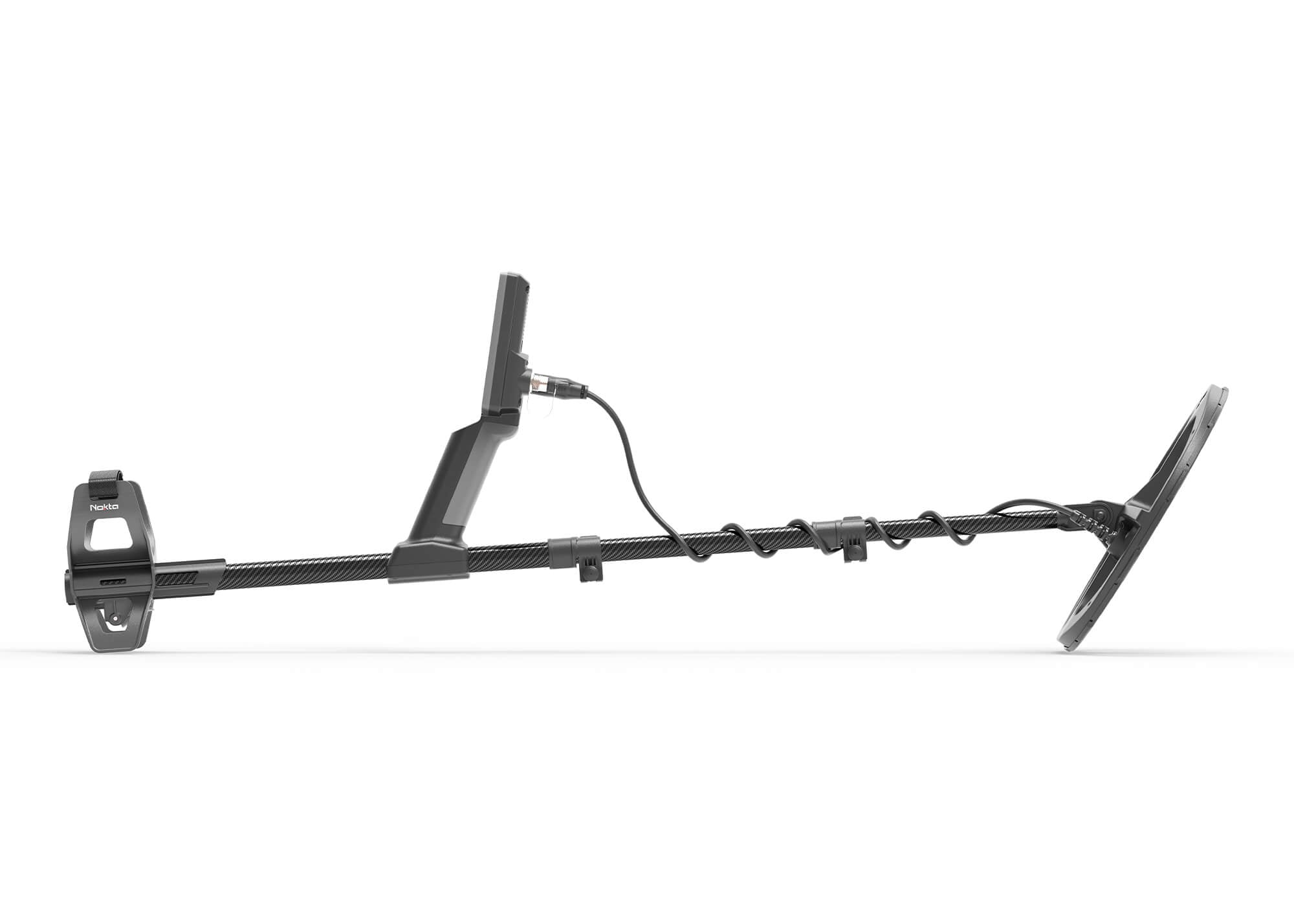 Nokta Legend 2 metal detector, side profile view, showing the control pod, collapsible shaft, and search coil