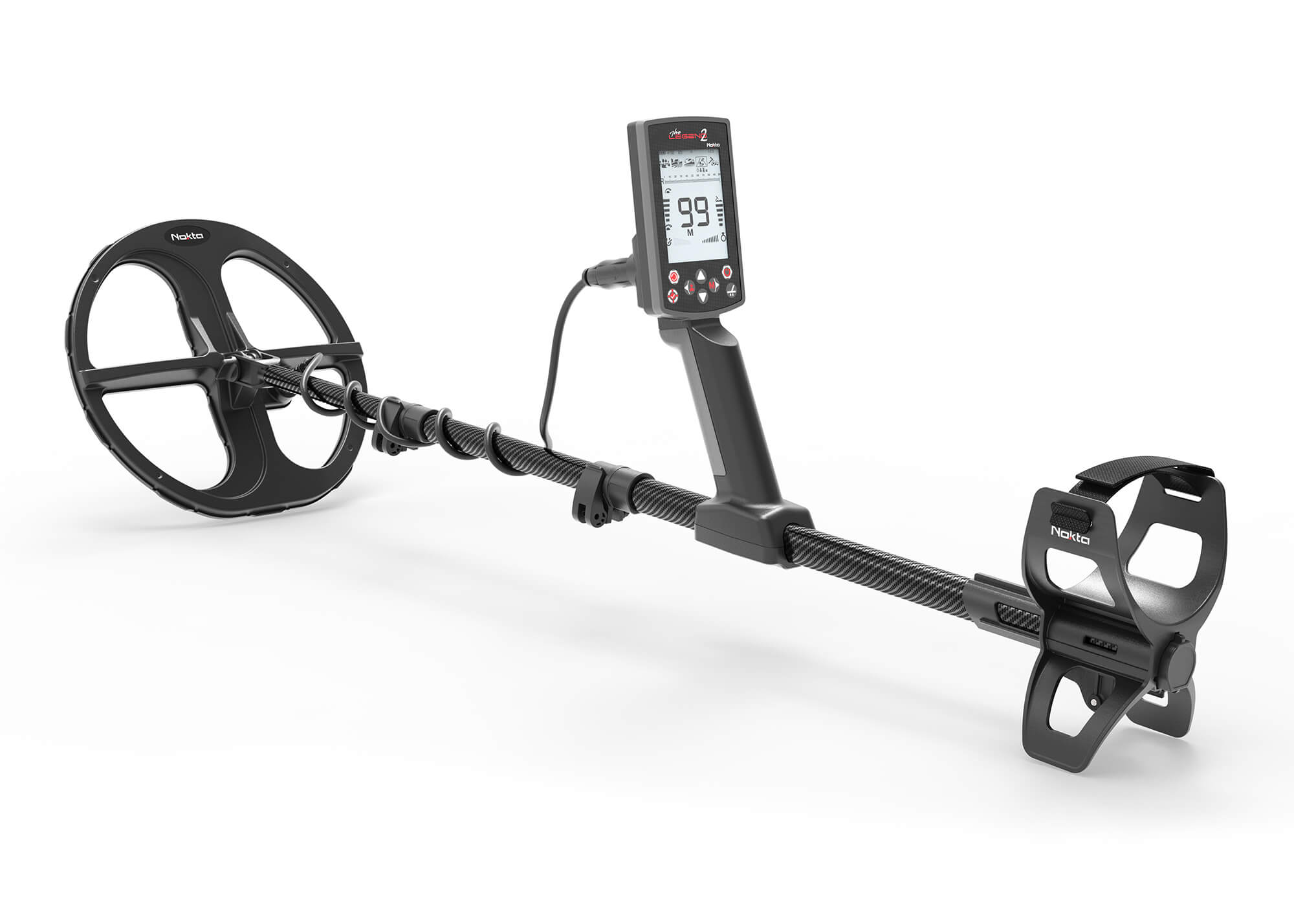 Nokta Legend 2 metal detector three-quarter view with 11 inch search coil and adjustable armrest