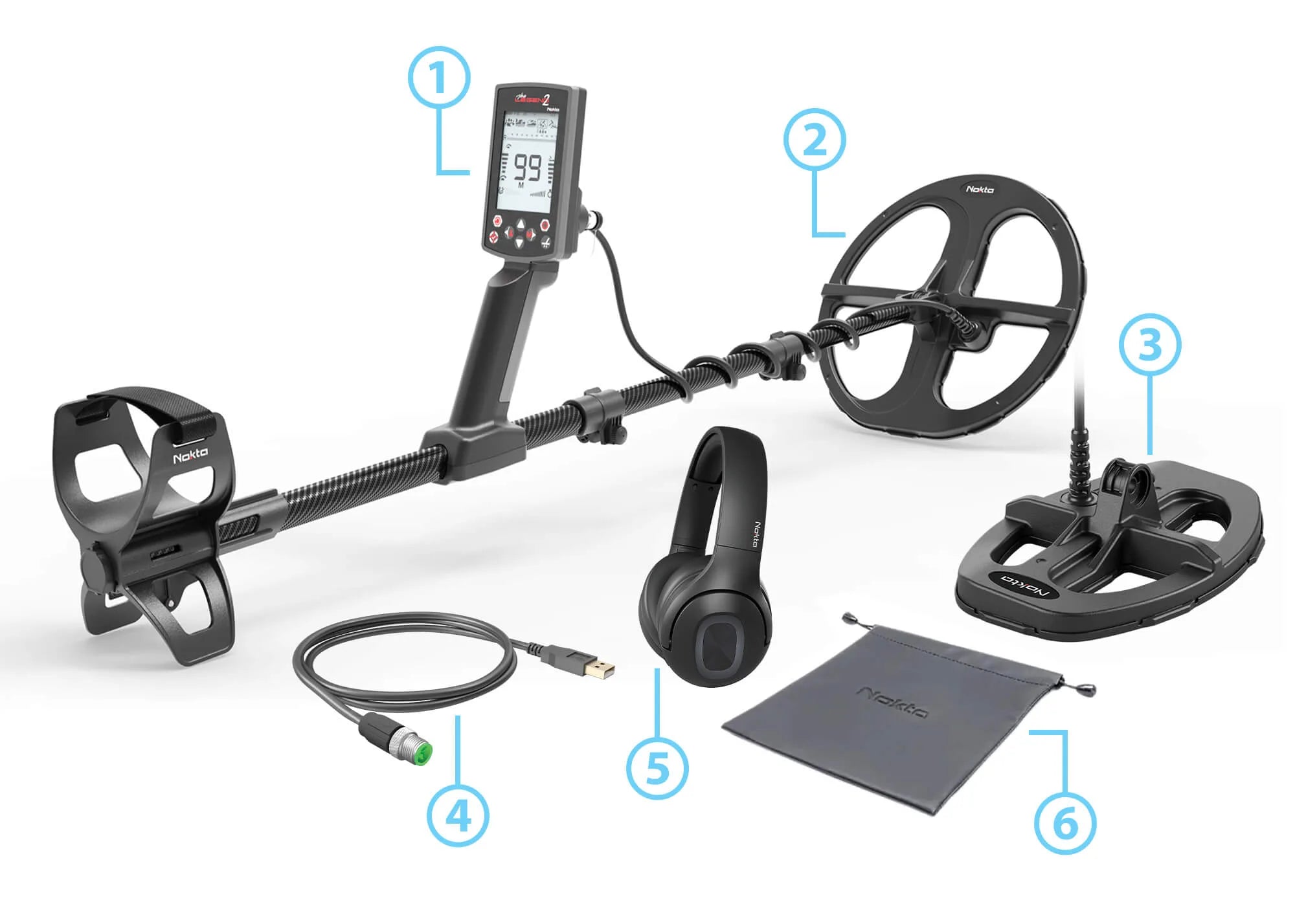 Nokta Legend 2 package contents numbered: detector, LD28 11 inch coil, LD21 elliptical coil, USB cable, Bluetooth headphones, and carry pouch