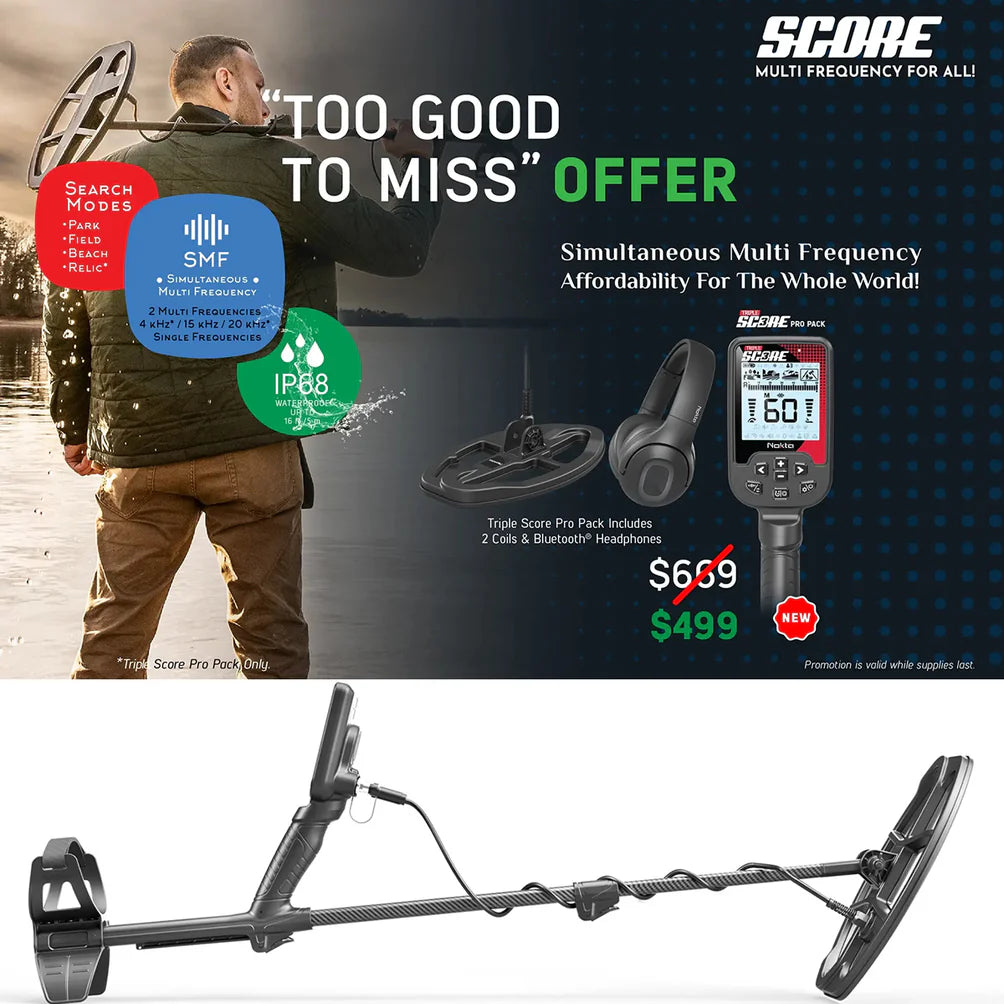 Nokta Score 3 (Triple Score) Waterproof, Multi-Frequency Metal Detector Seasoned Hunter Pack With Free Accessories - History Seekers Metal Detectors