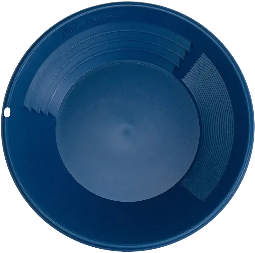 Blue Minelab Pro-Gold 15 inch dual-riffle gold pan showing 90 degree riffles, mini riffles and flat sidewall