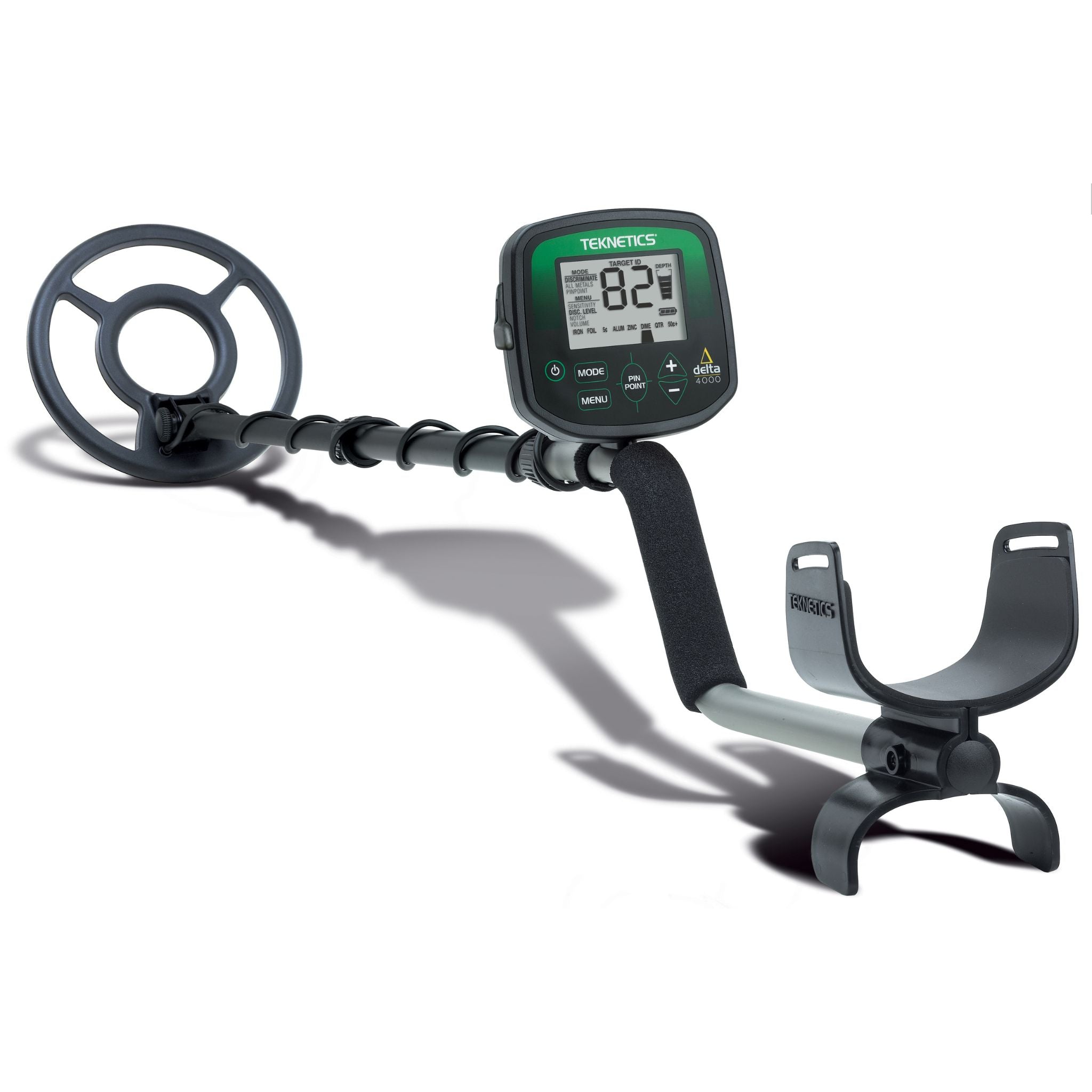 Teknetics Delta 4000 metal detector with green display and 8 inch concentric coil on white background
