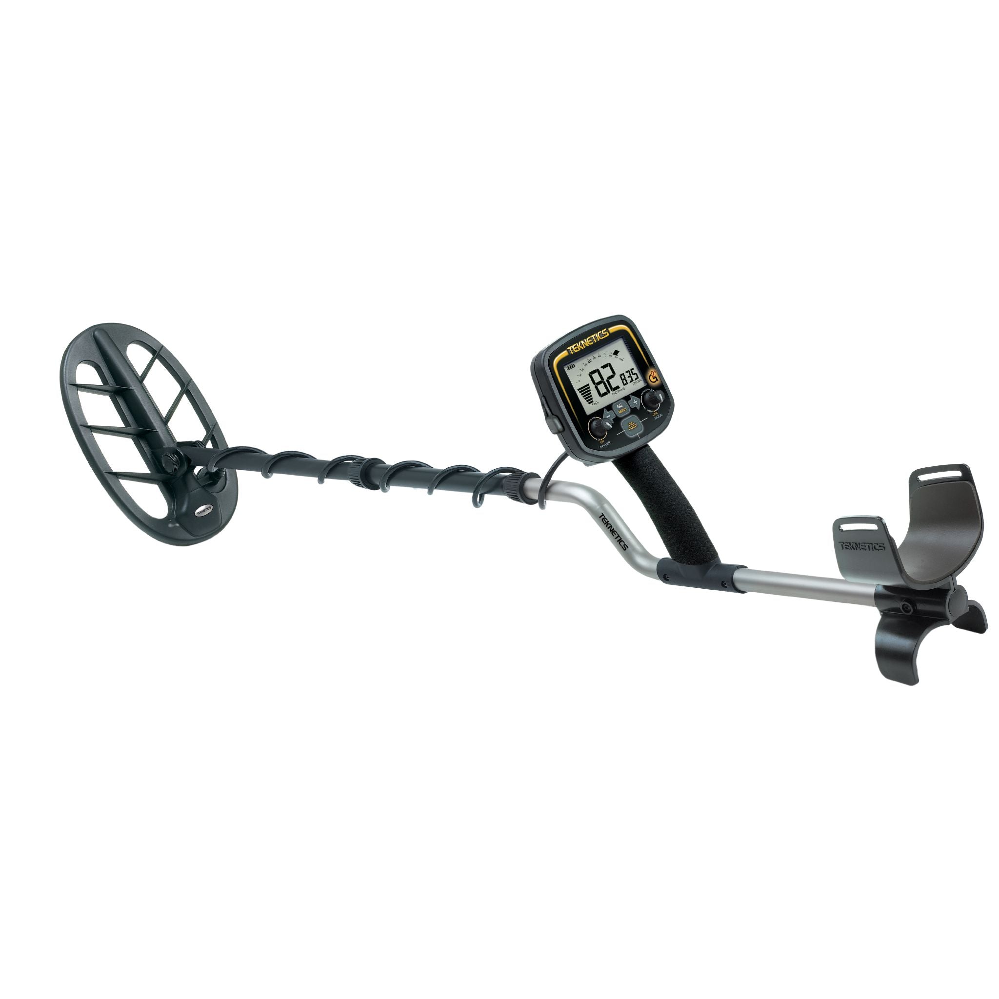 Teknetics G2+ metal detector side view showing shaft and armrest