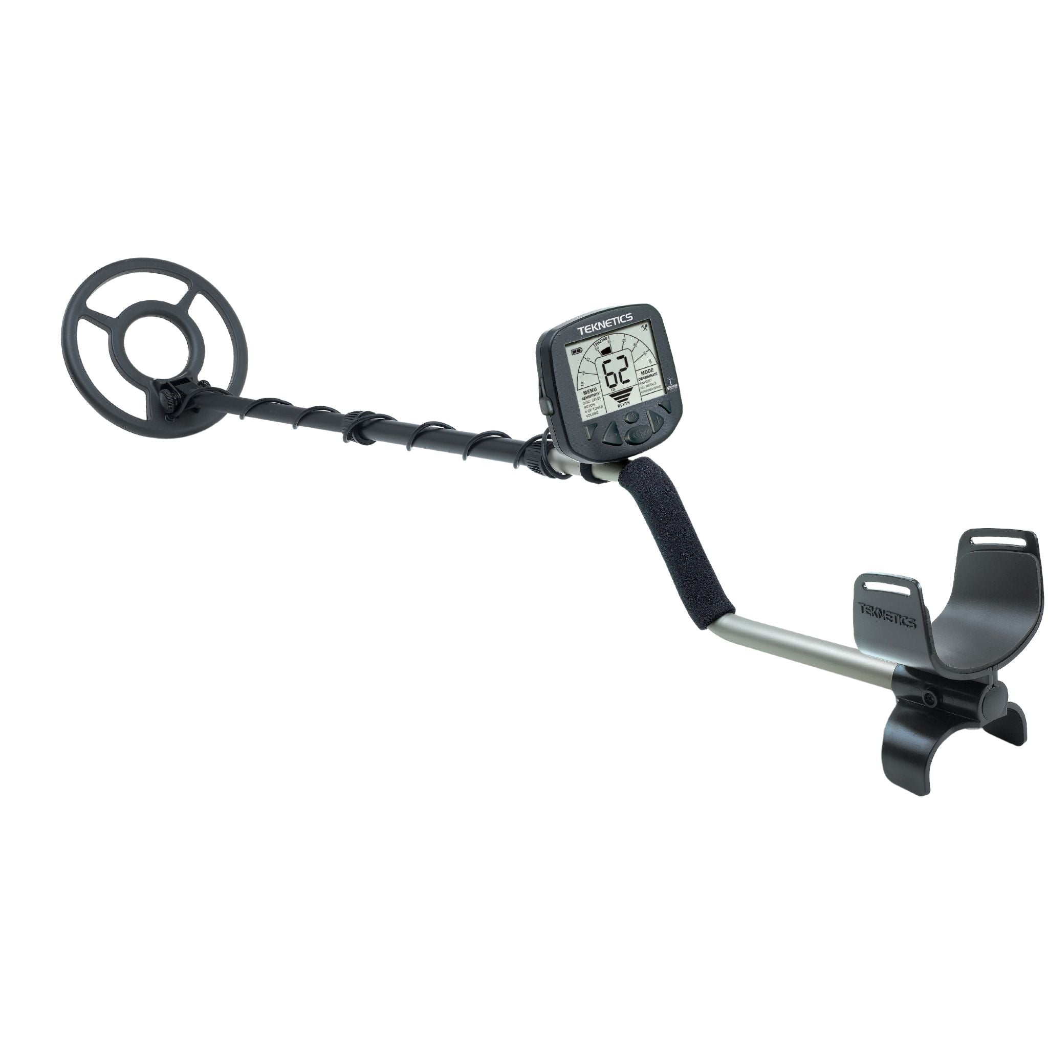 Teknetics Gamma 6000 metal detector with concentric search coil on white background