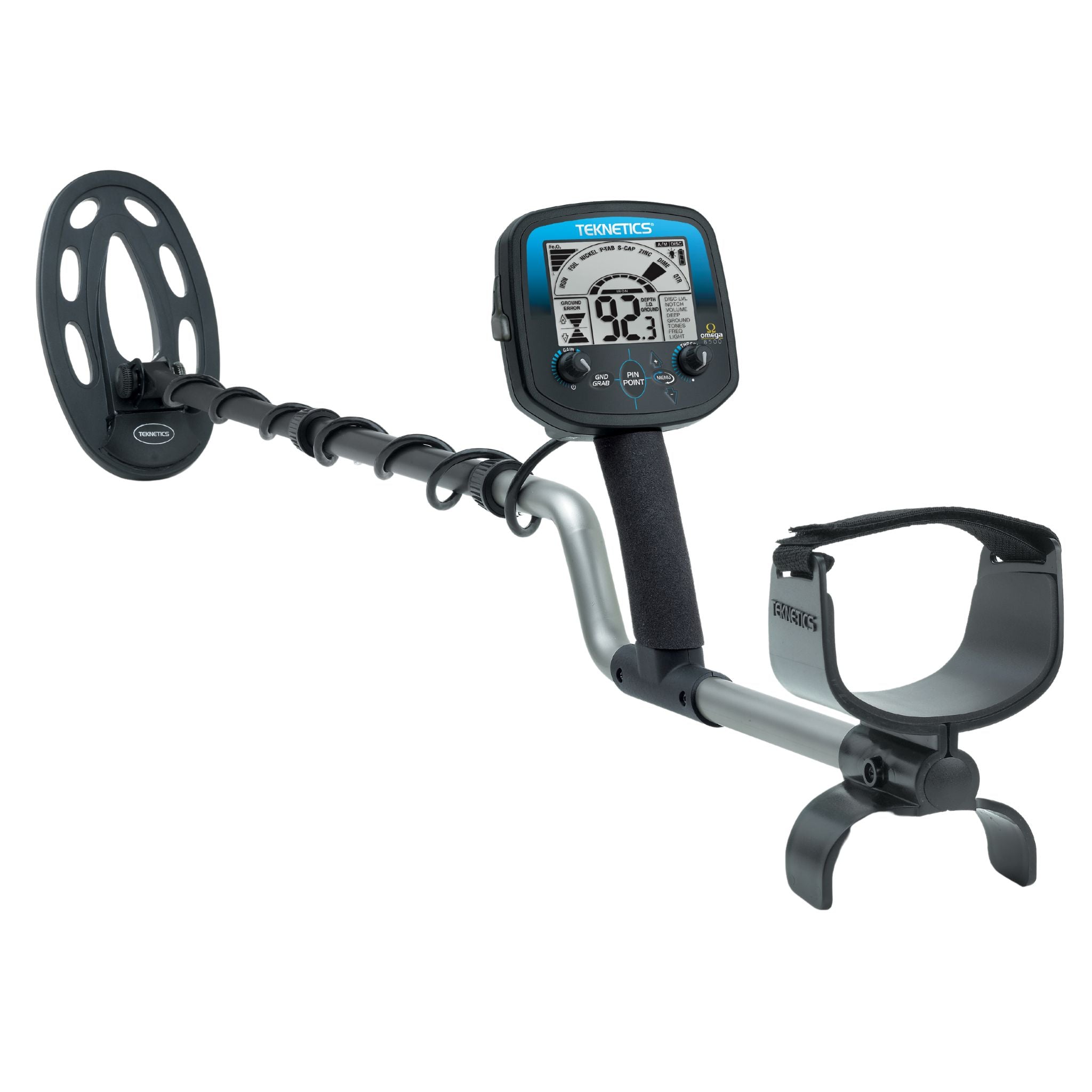 Teknetics Omega 8500 metal detector with blue display and elliptical search coil on white background