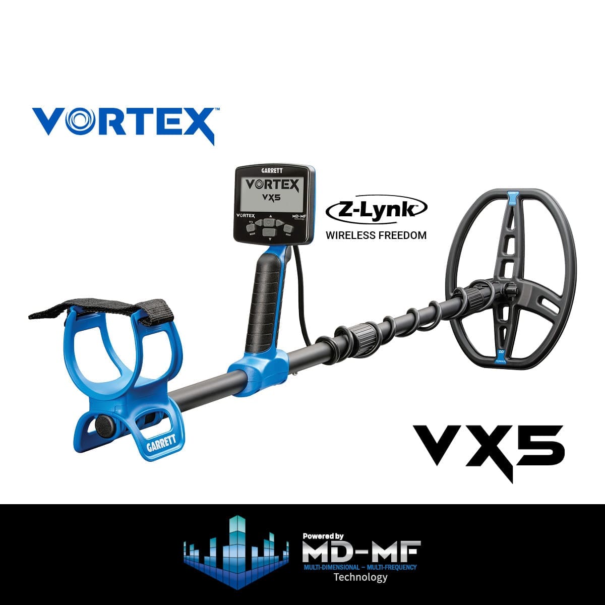 Garrett Vortex VX5 metal detector product photo showing control head display, Z-Lynk badge, and MD-MF multi-frequency technology badge