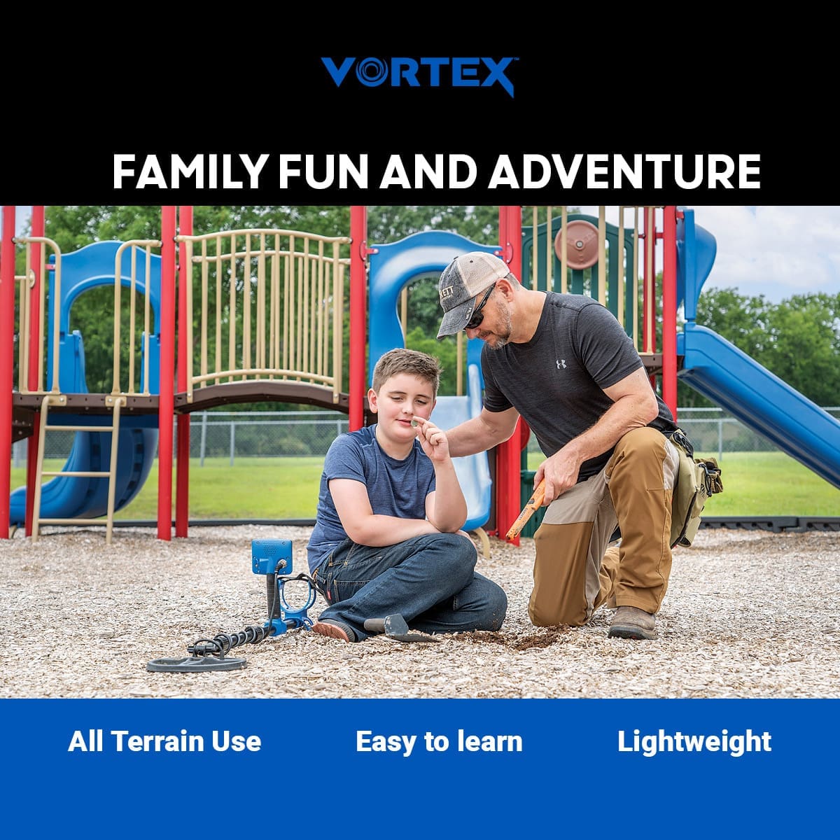 Father and son metal detecting together at a playground with a Garrett Vortex detector, family fun and adventure graphic