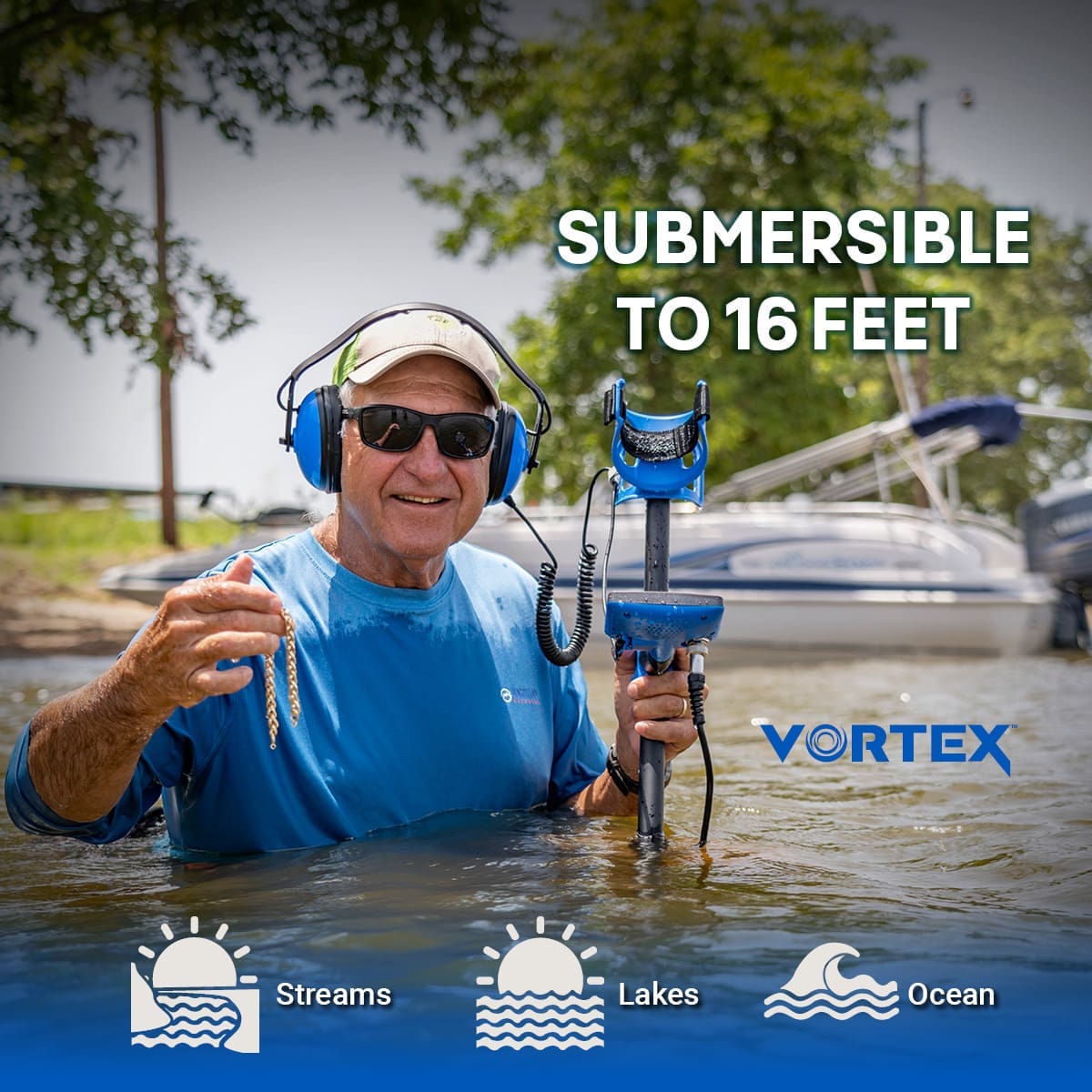 Man standing waist-deep in a lake holding a Garrett Vortex VX7 and a recovered gold chain, Submersible to 16 Feet graphic with streams, lakes, and ocean icons