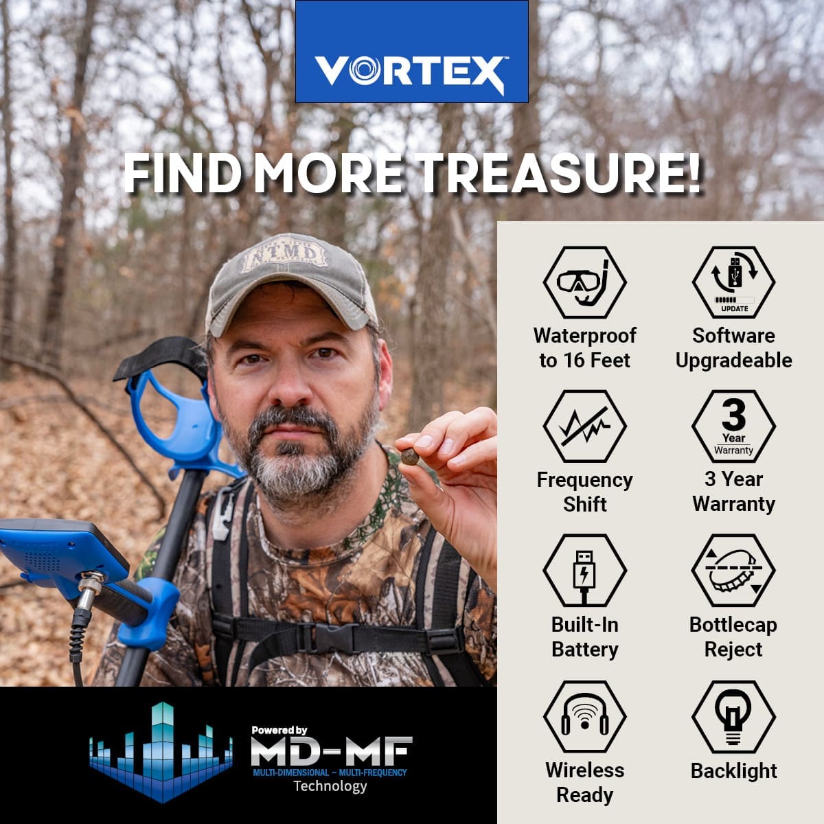 Detectorist in the woods holding a Garrett Vortex VX7 and a recovered coin, Find More Treasure graphic listing waterproof to 16 feet, software upgradeable, frequency shift, backlight, built-in battery, bottlecap reject, wireless ready, 3 year warranty
